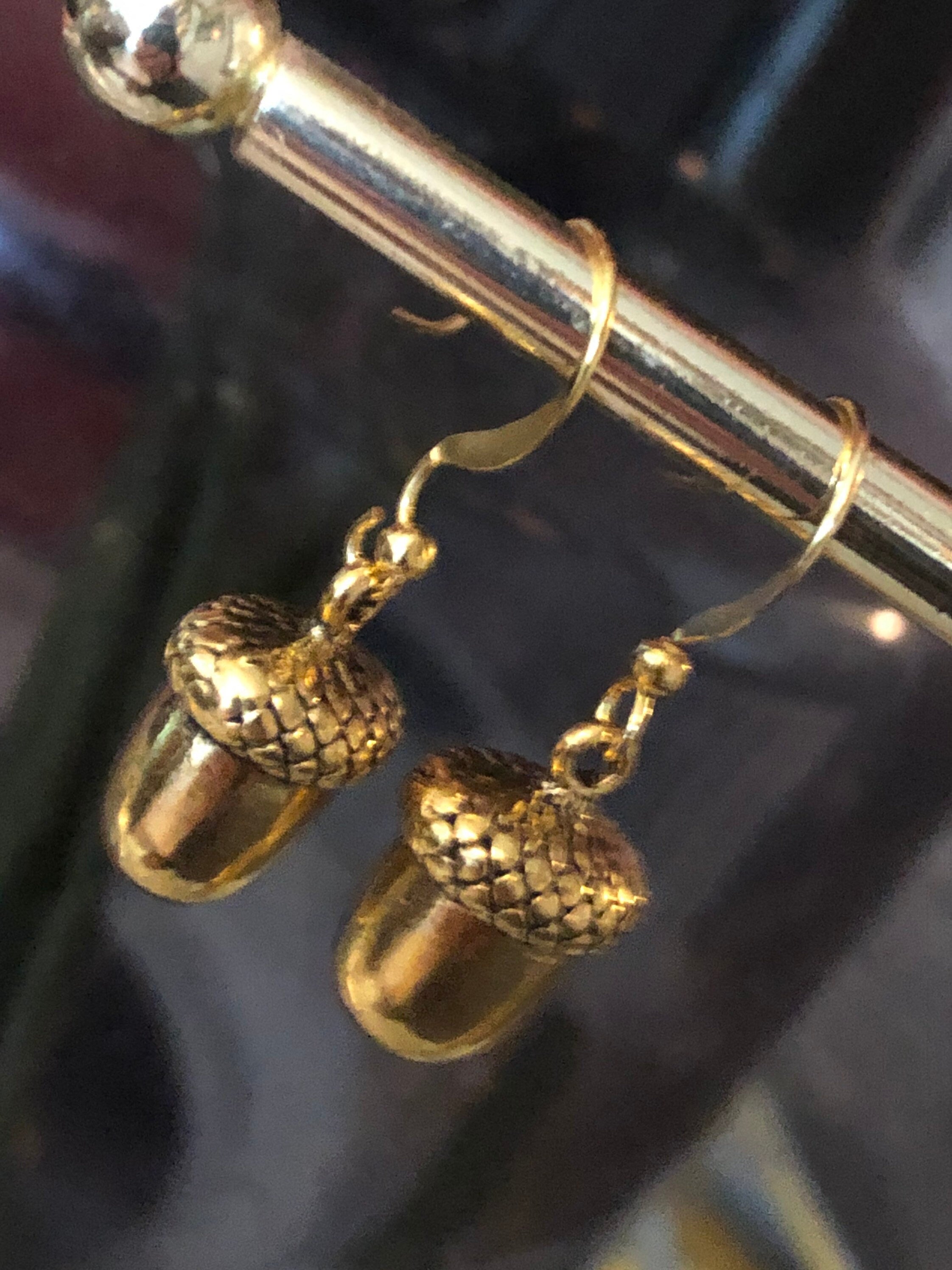 Gold acorn drop earrings brass Victorian style