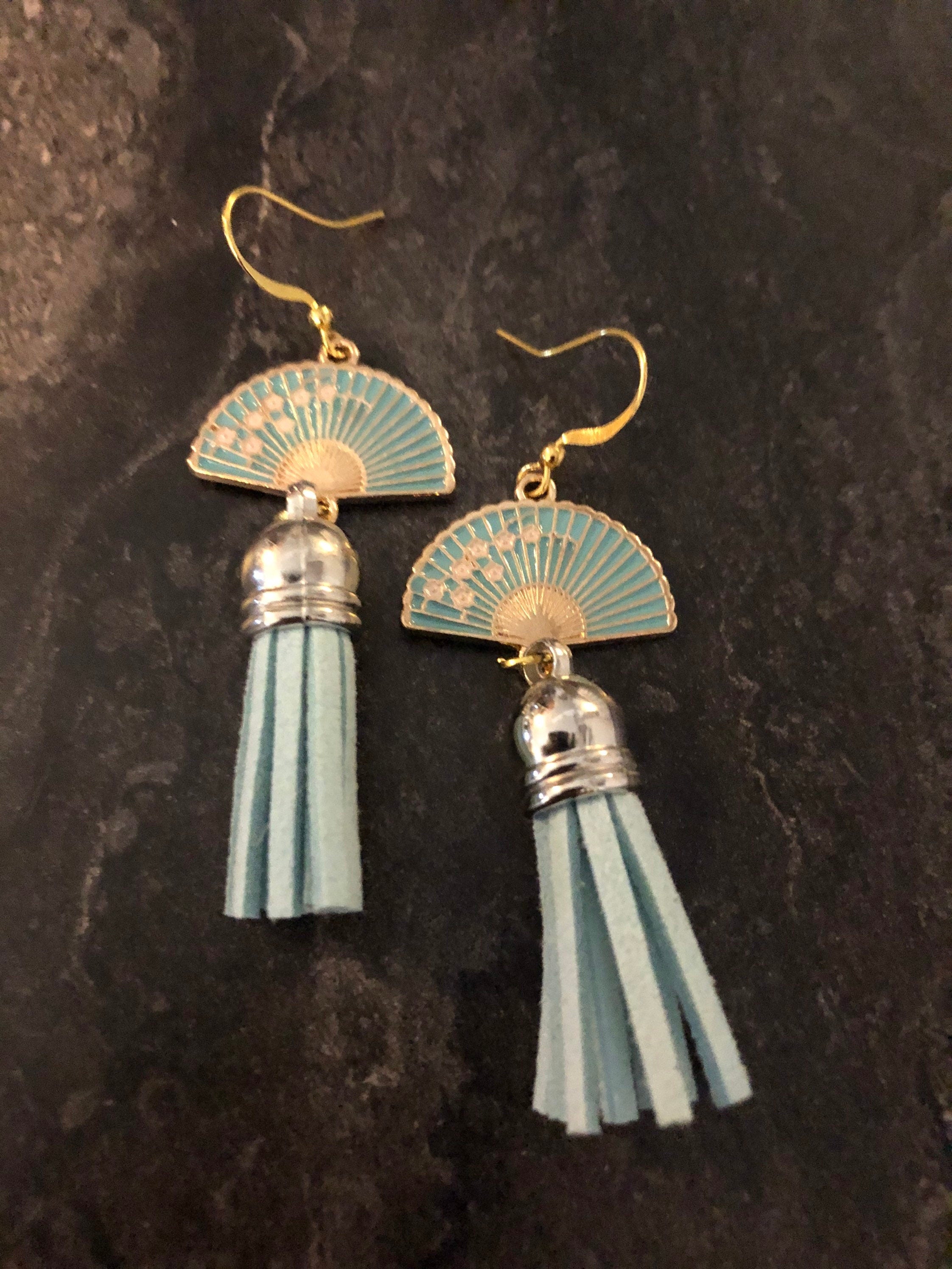 Chinese Japanese blue enamel tassel fan earrings pierced ears