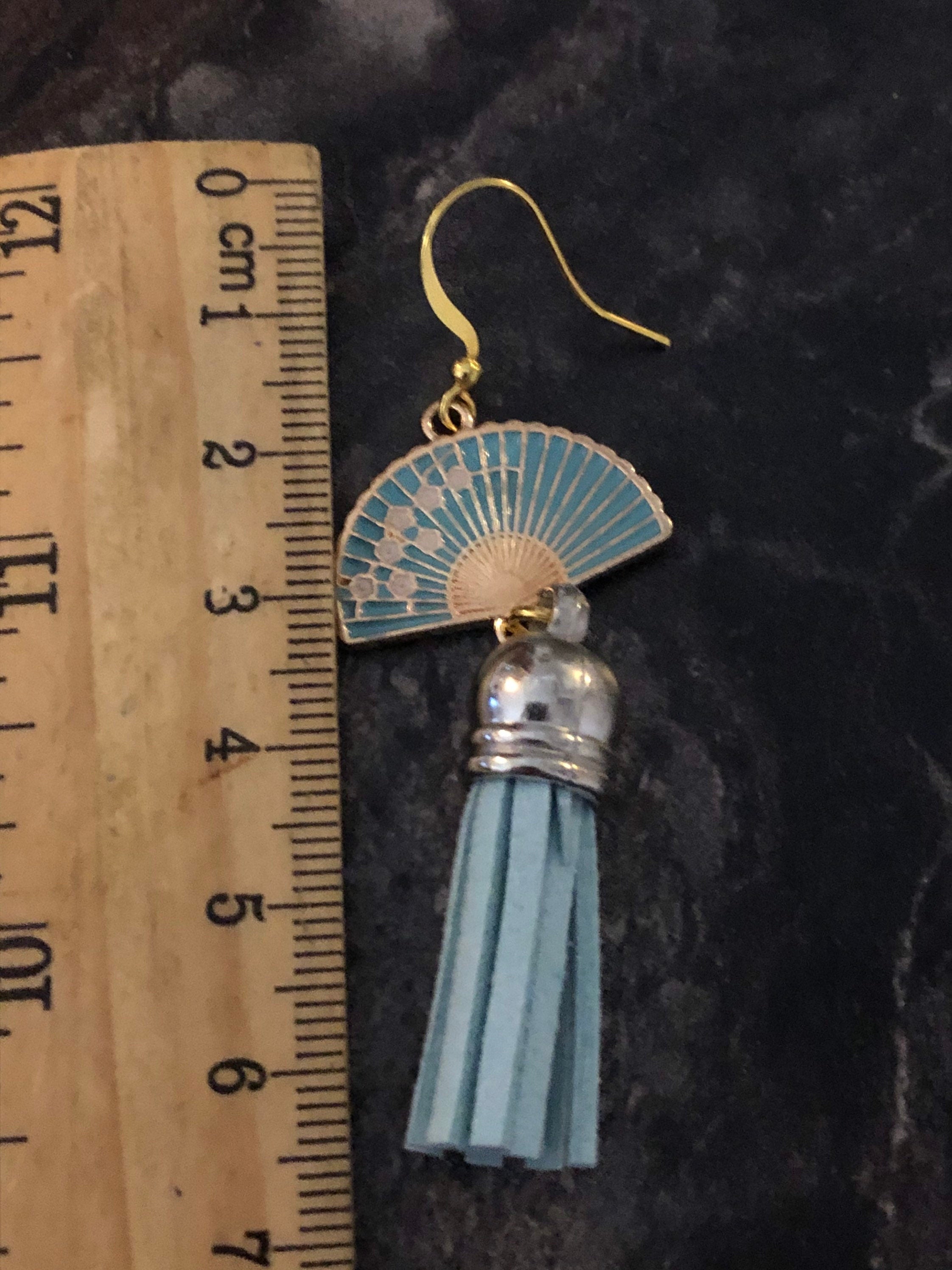 Chinese Japanese blue enamel tassel fan earrings pierced ears
