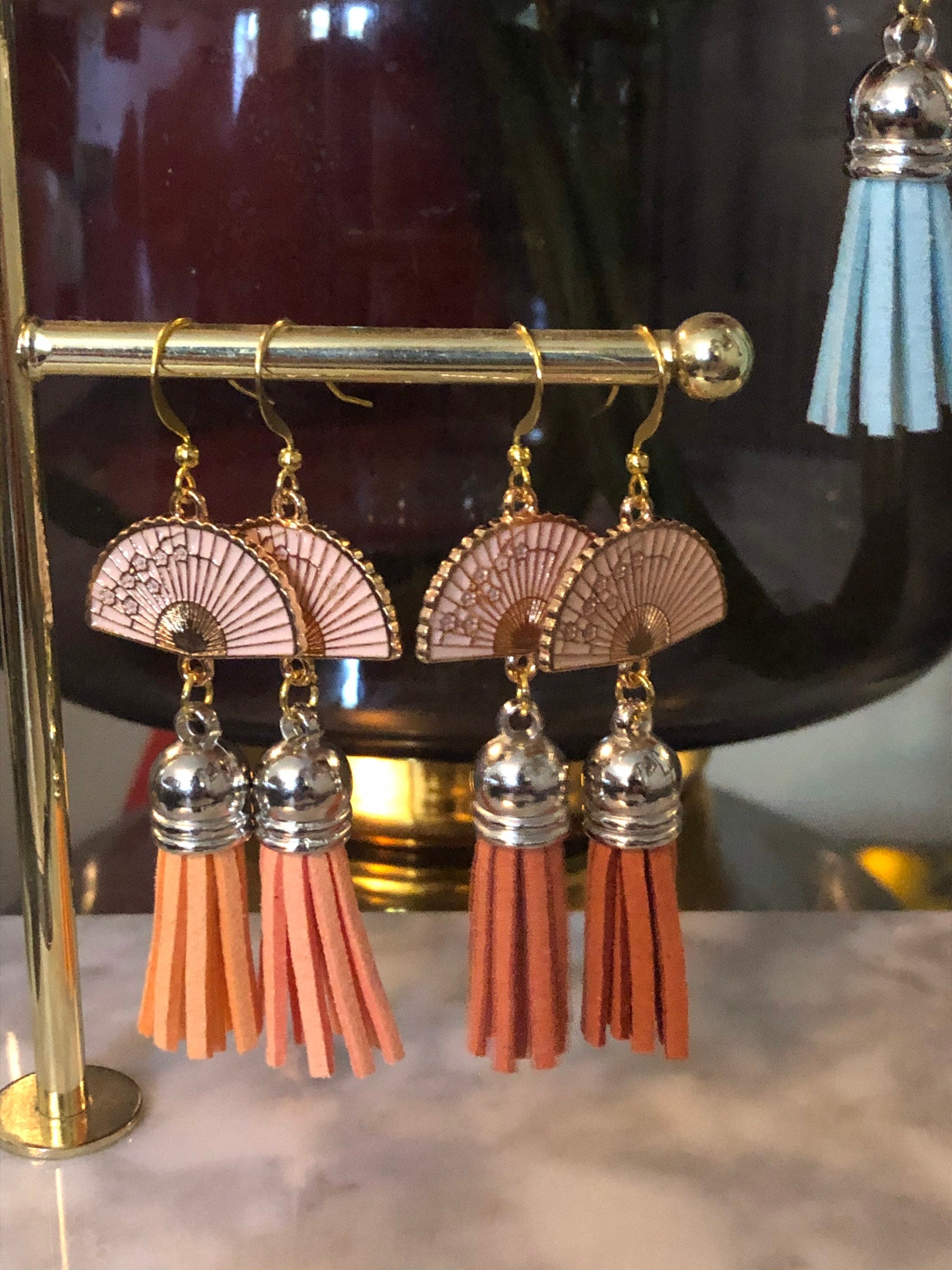 Chinese Japanese blue enamel tassel fan earrings pierced ears