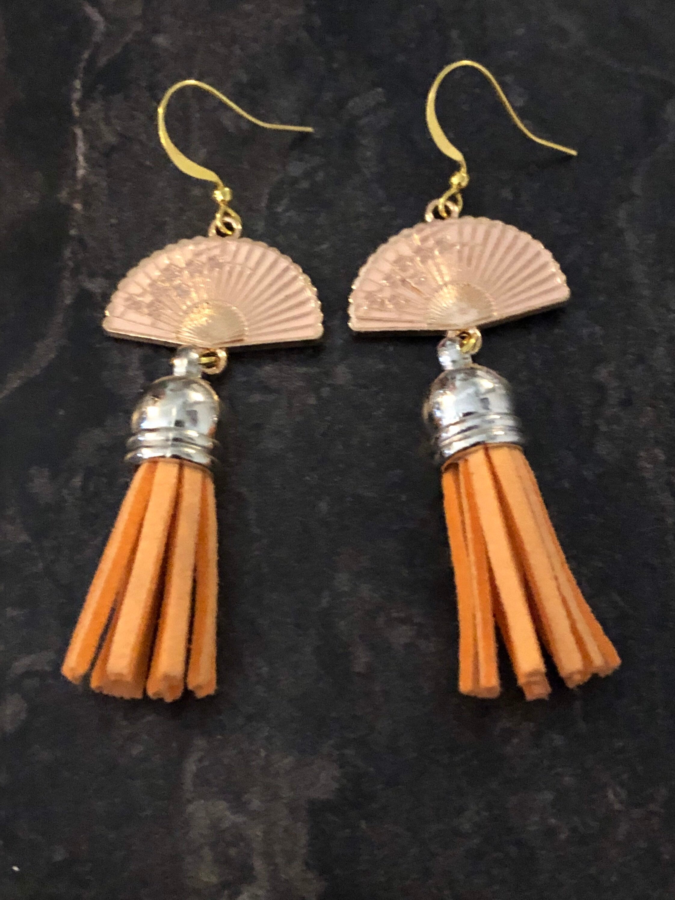 gold & silver leather tassel fan earrings Chinese Japanese orange enamel