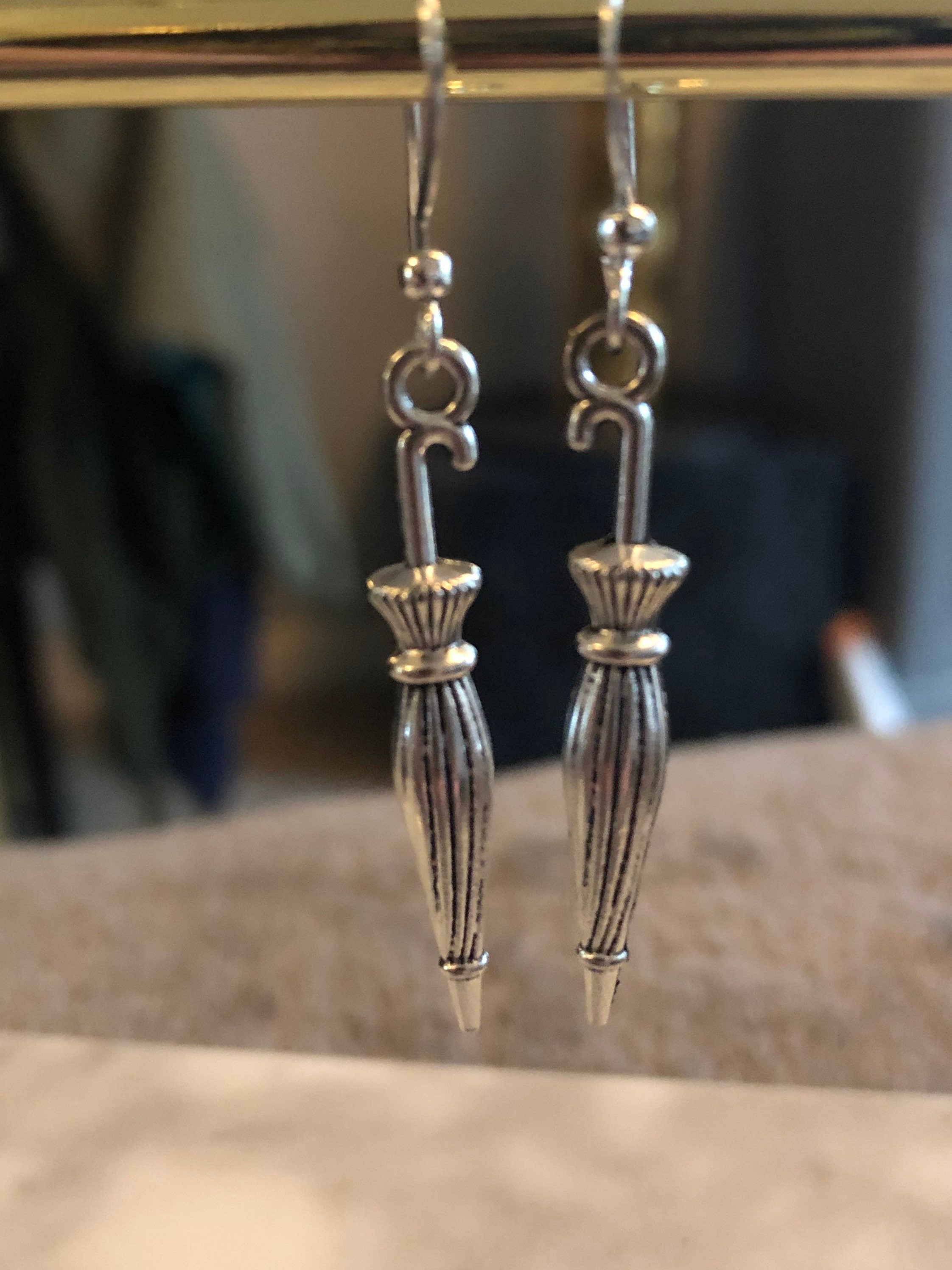 silver umbrella drop earrings for pierced ears