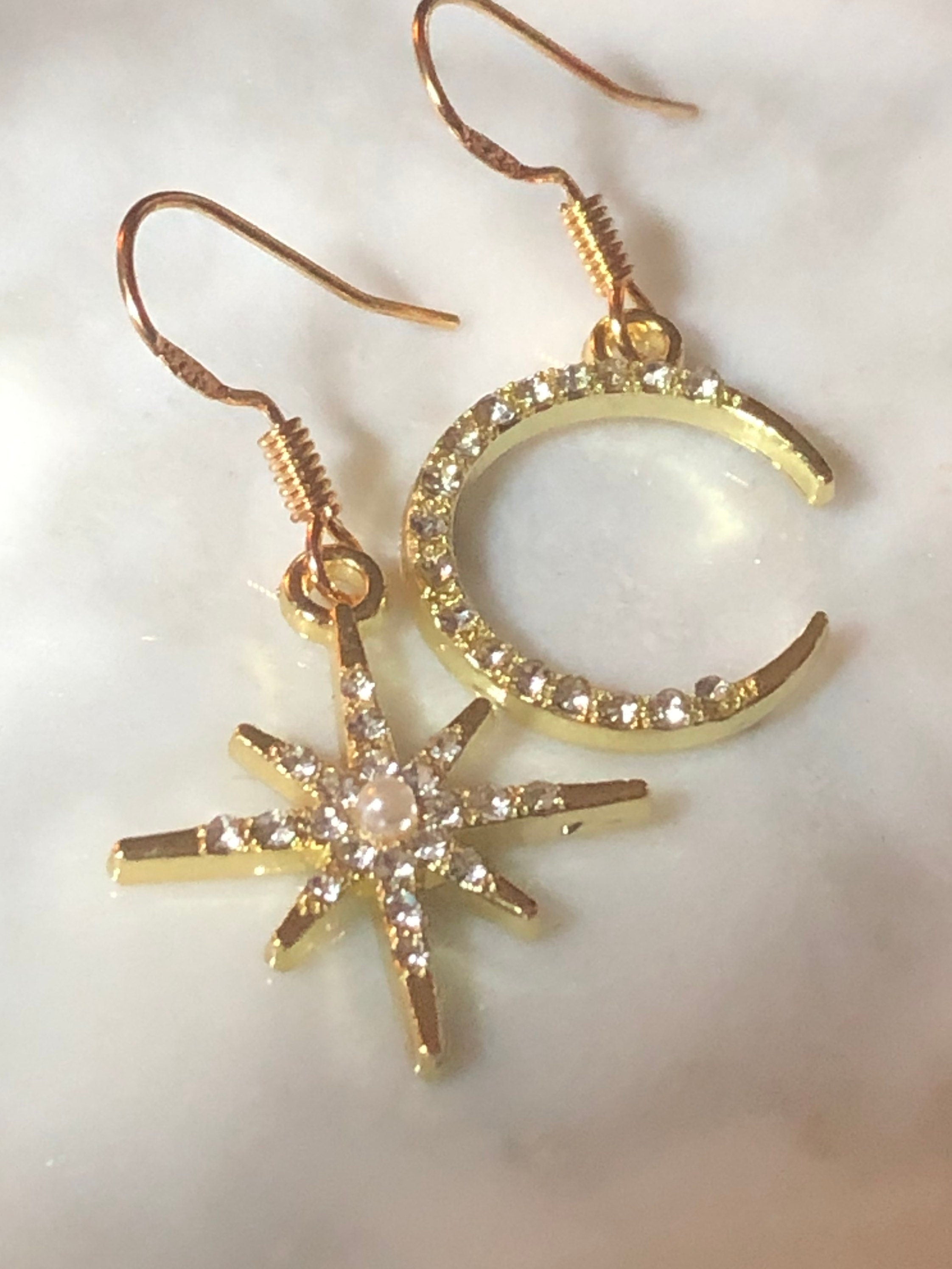 Celestial star & moon earrings with clear diamanté seed and pearl gold tone