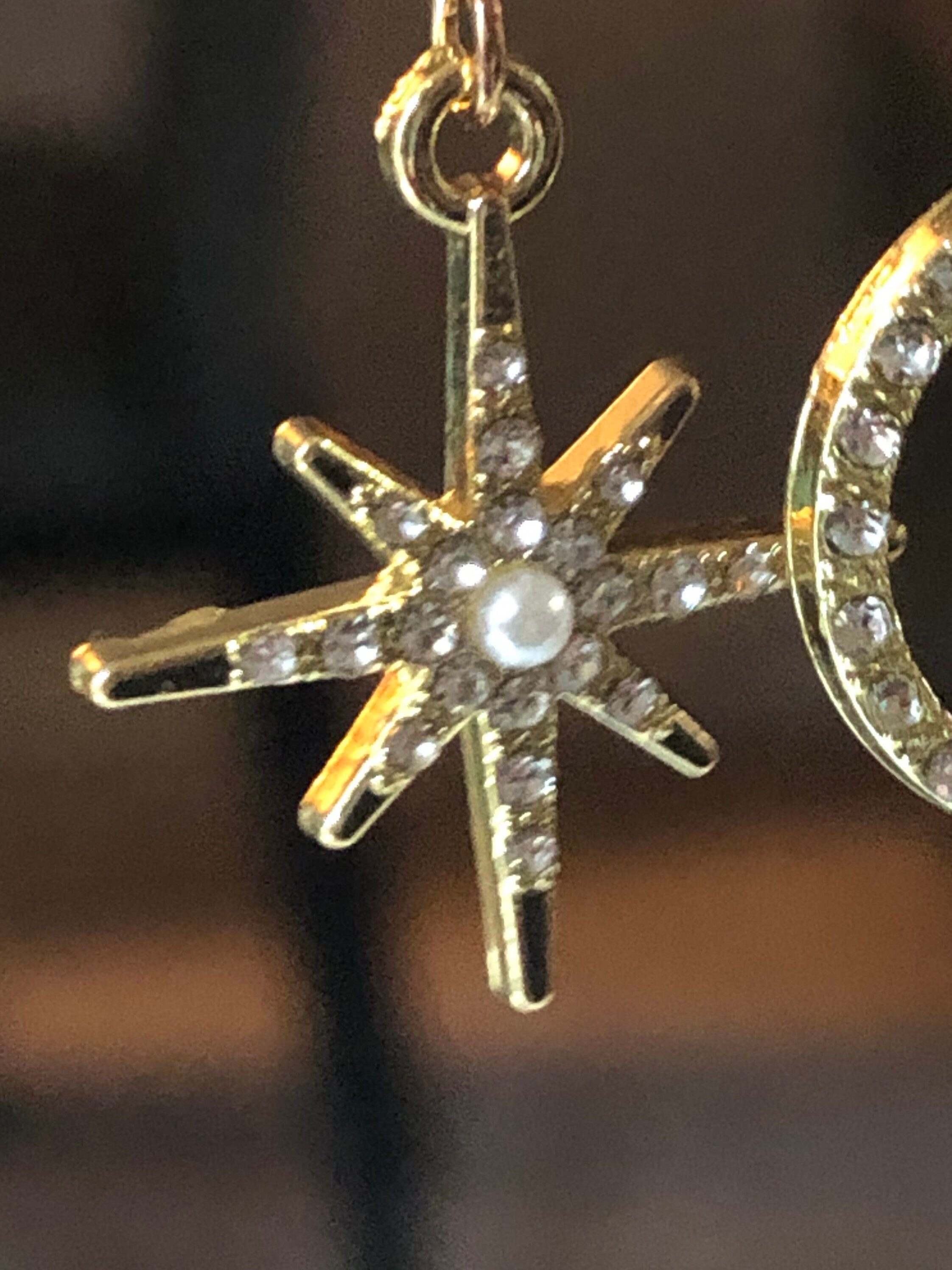 Celestial star & moon earrings with clear diamanté seed and pearl gold tone