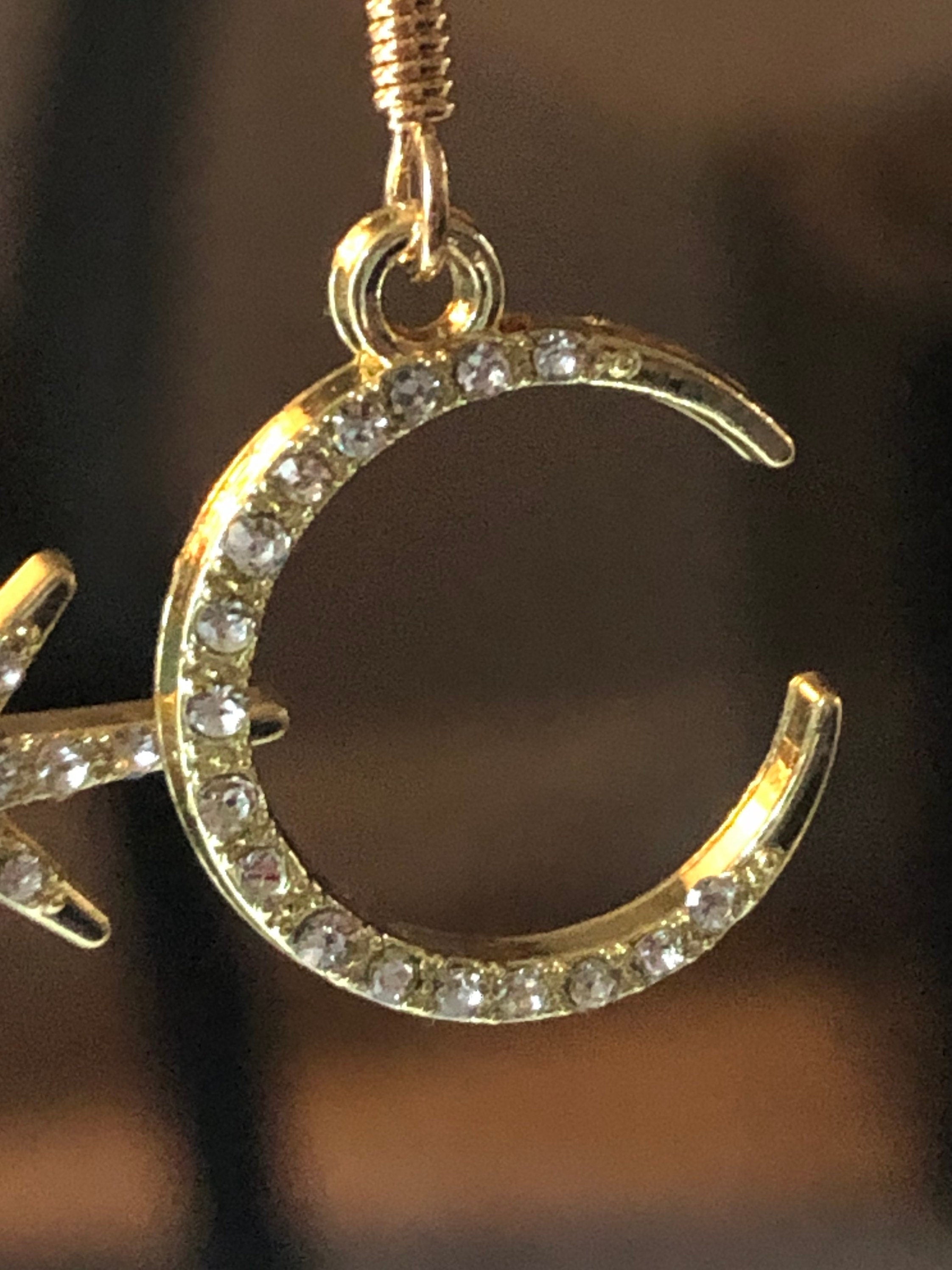 Celestial star & moon earrings with clear diamanté seed and pearl gold tone