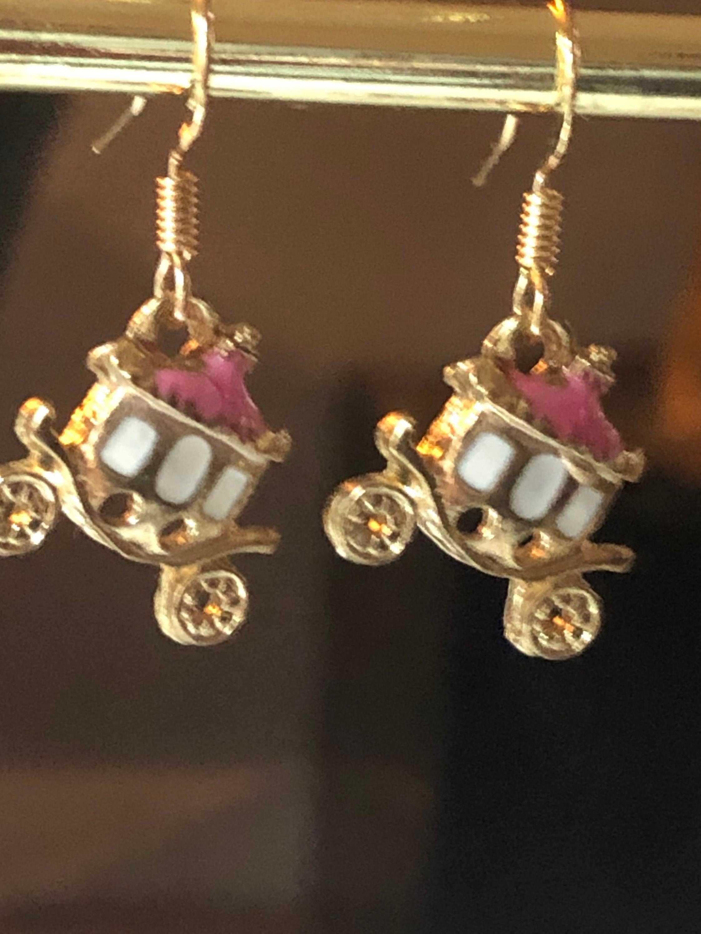 Girls princess carriage drop earrings for pierced ears gold tone pink enamel