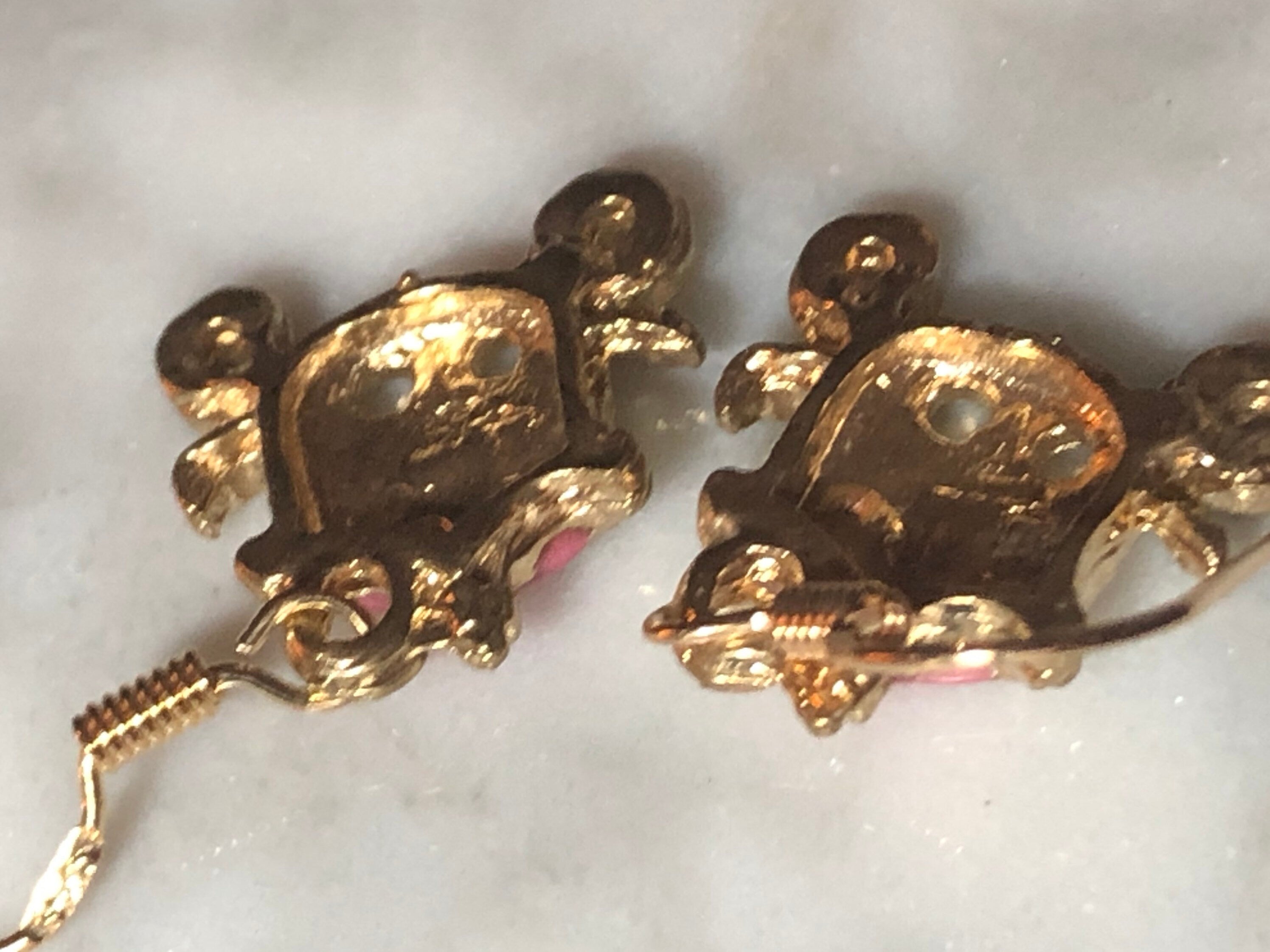 Girls princess carriage drop earrings for pierced ears gold tone pink enamel