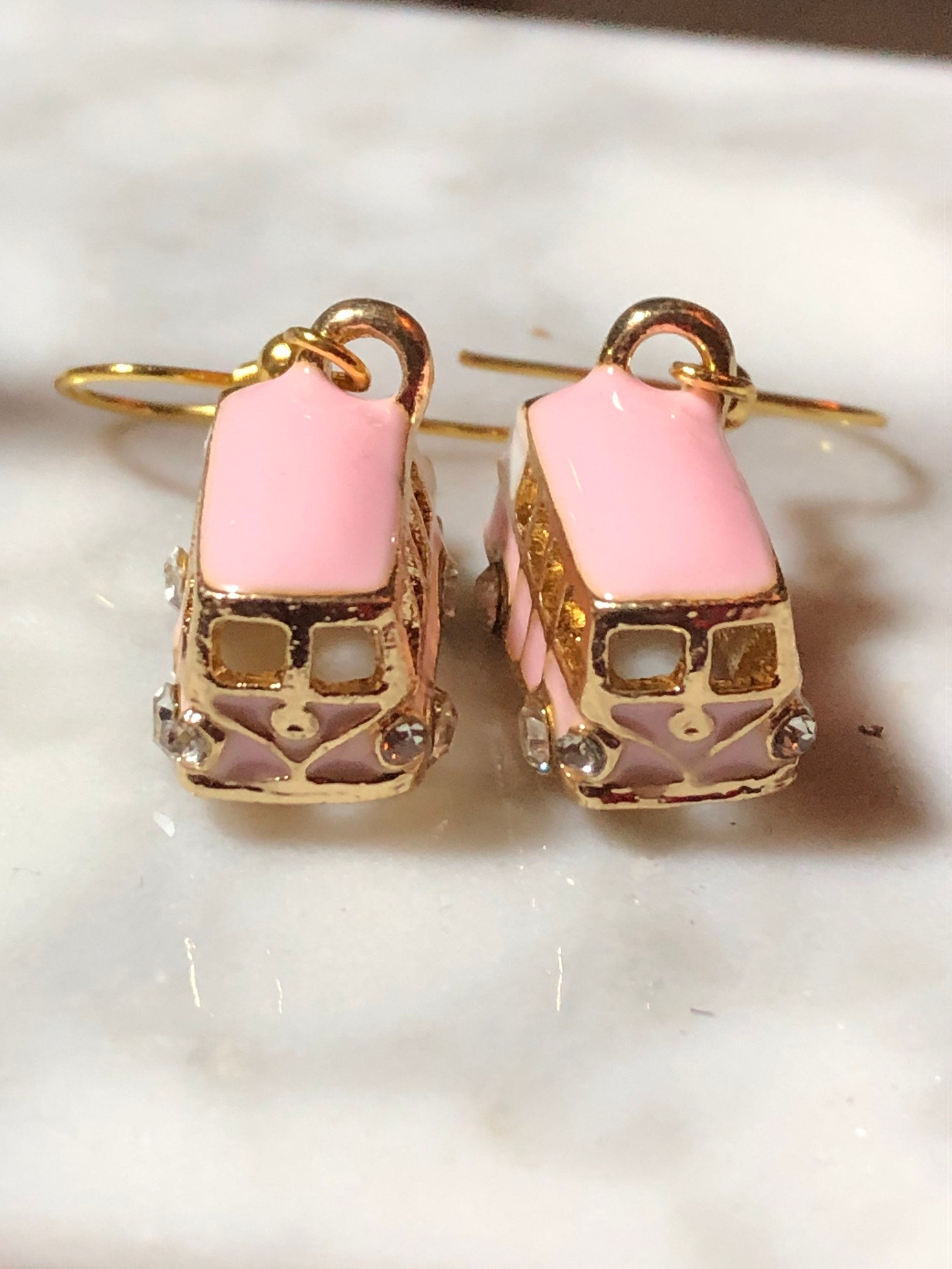 Novelty PINK enamel diamanté vintage camper van drop earrings