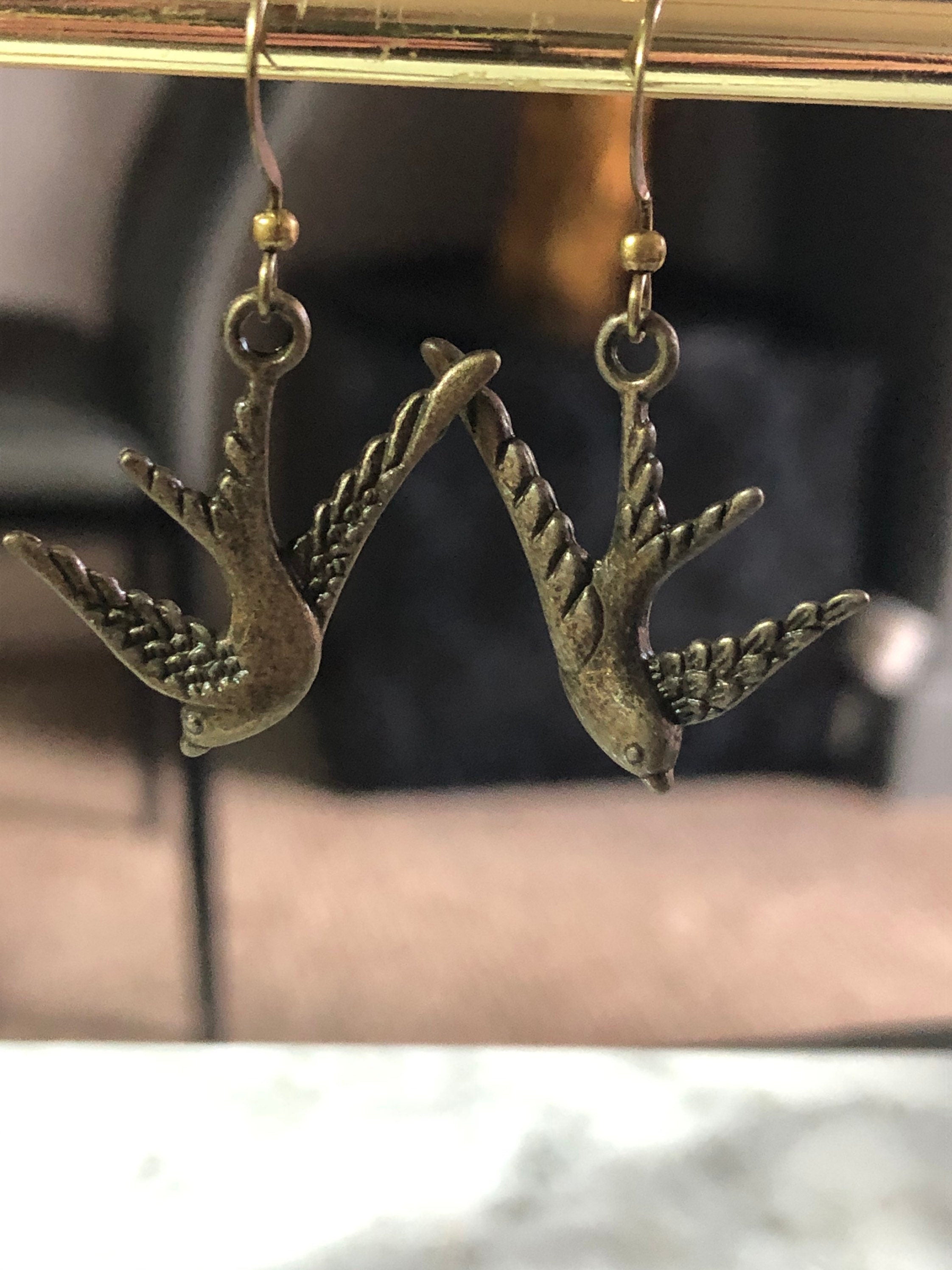 antique gold bluebird swallow earrings pierced ears