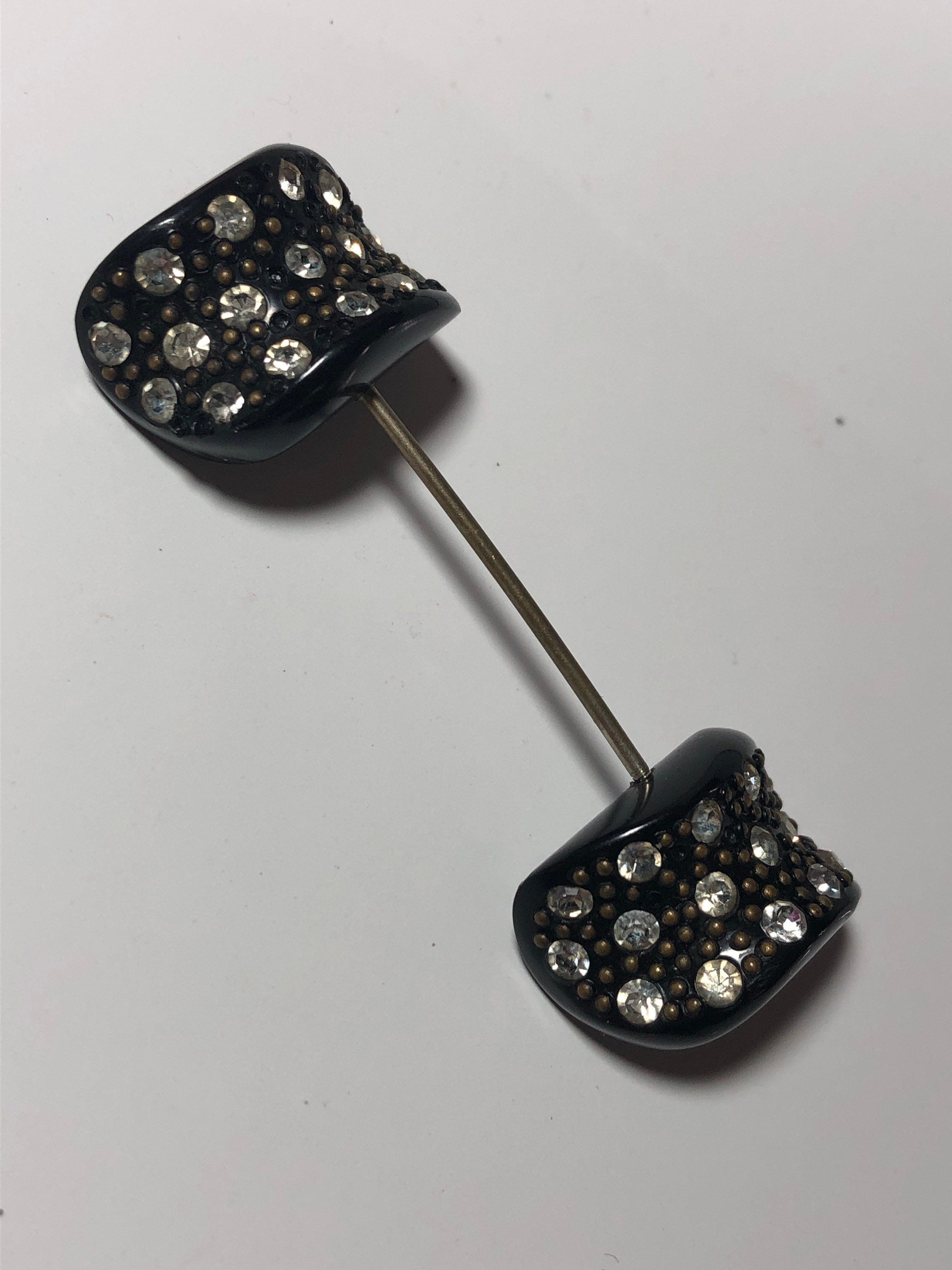 French jabot pin double ended rhinestone set black pique Bakelite