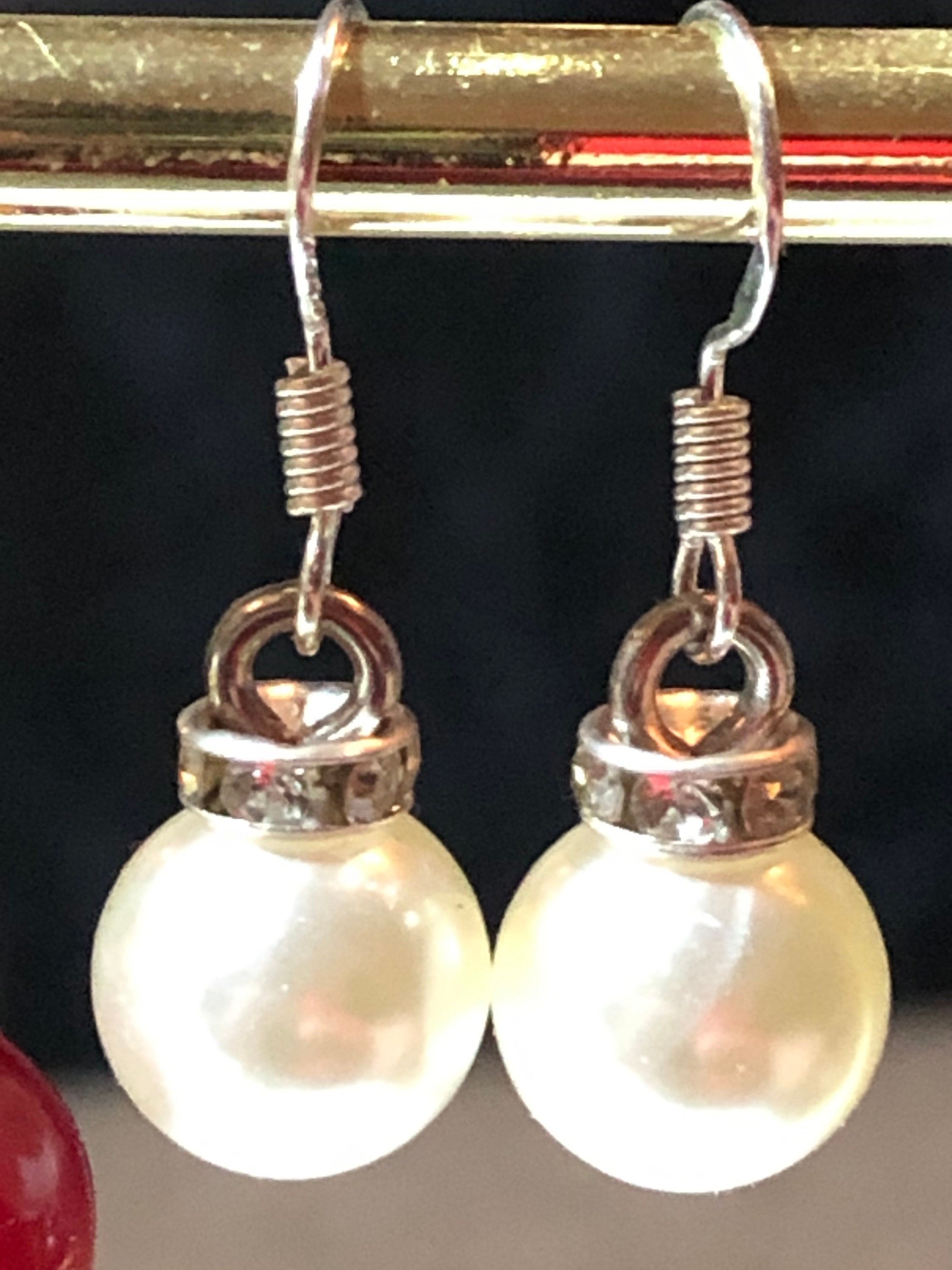White faux pearl & diamanté silver tone ball earrings