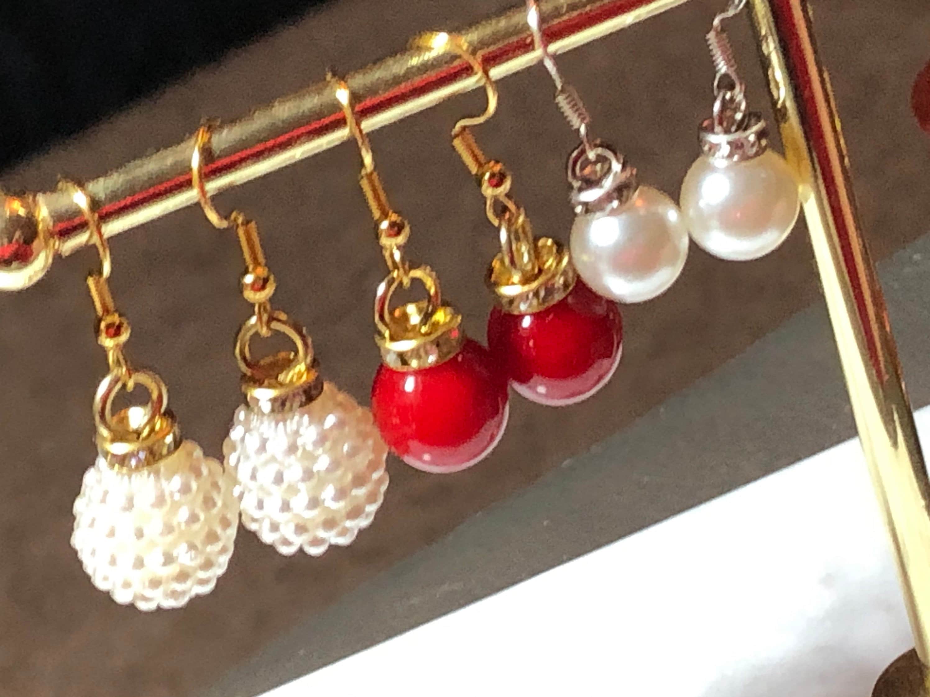 White faux pearl & diamanté silver tone ball earrings