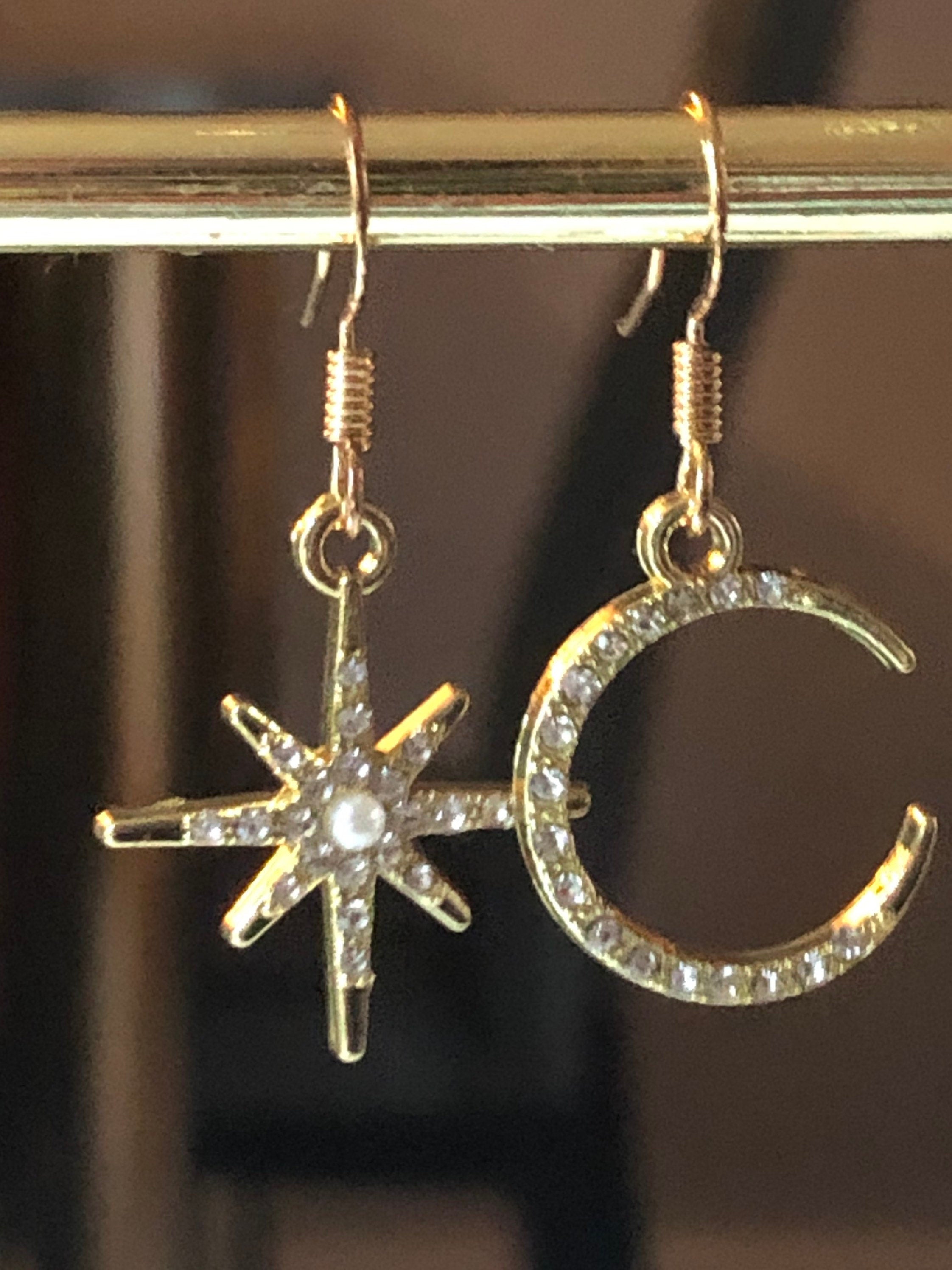 Celestial star & moon earrings with clear diamanté seed and pearl gold tone