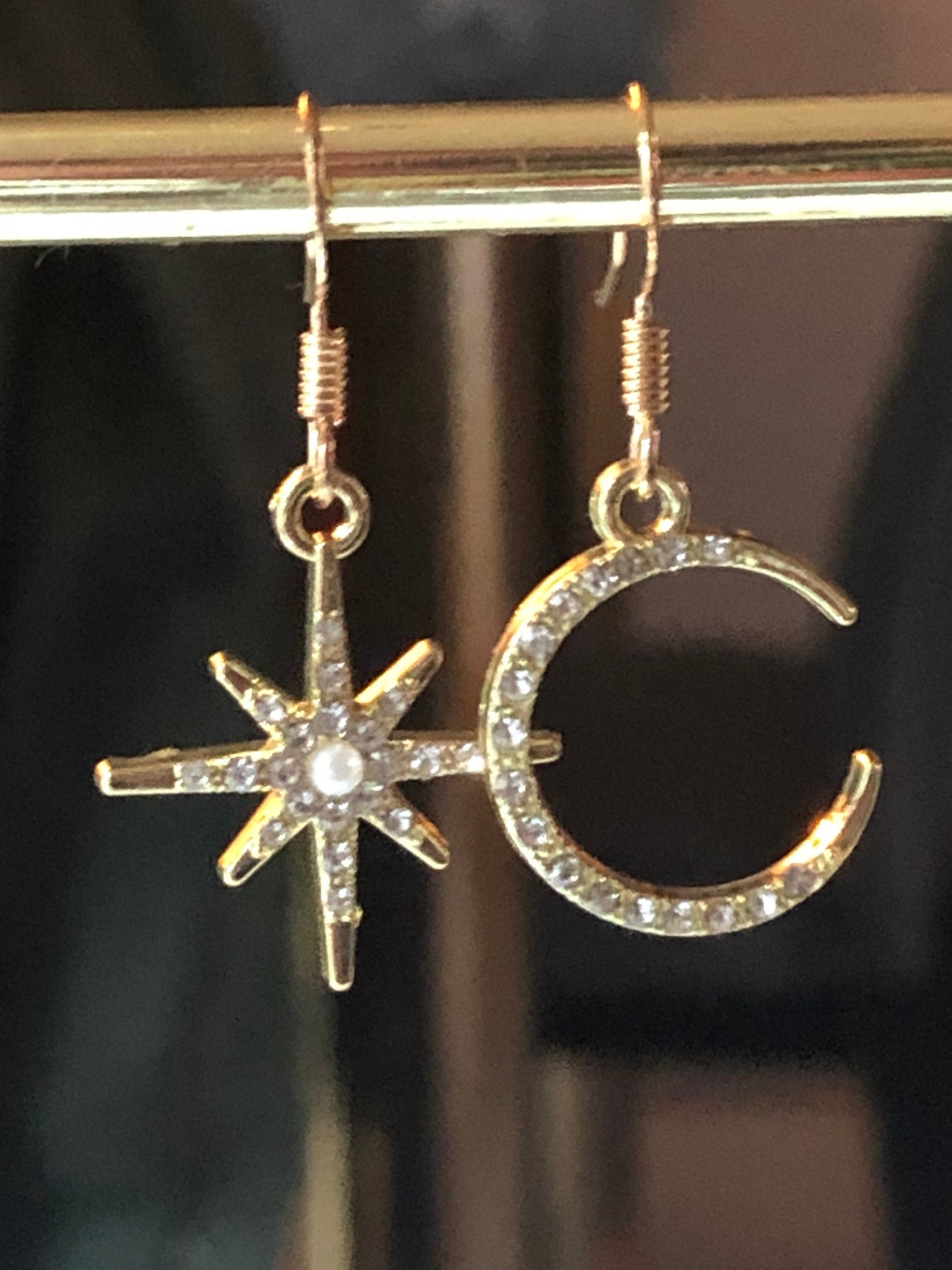 Celestial star & moon earrings with clear diamanté seed and pearl gold tone