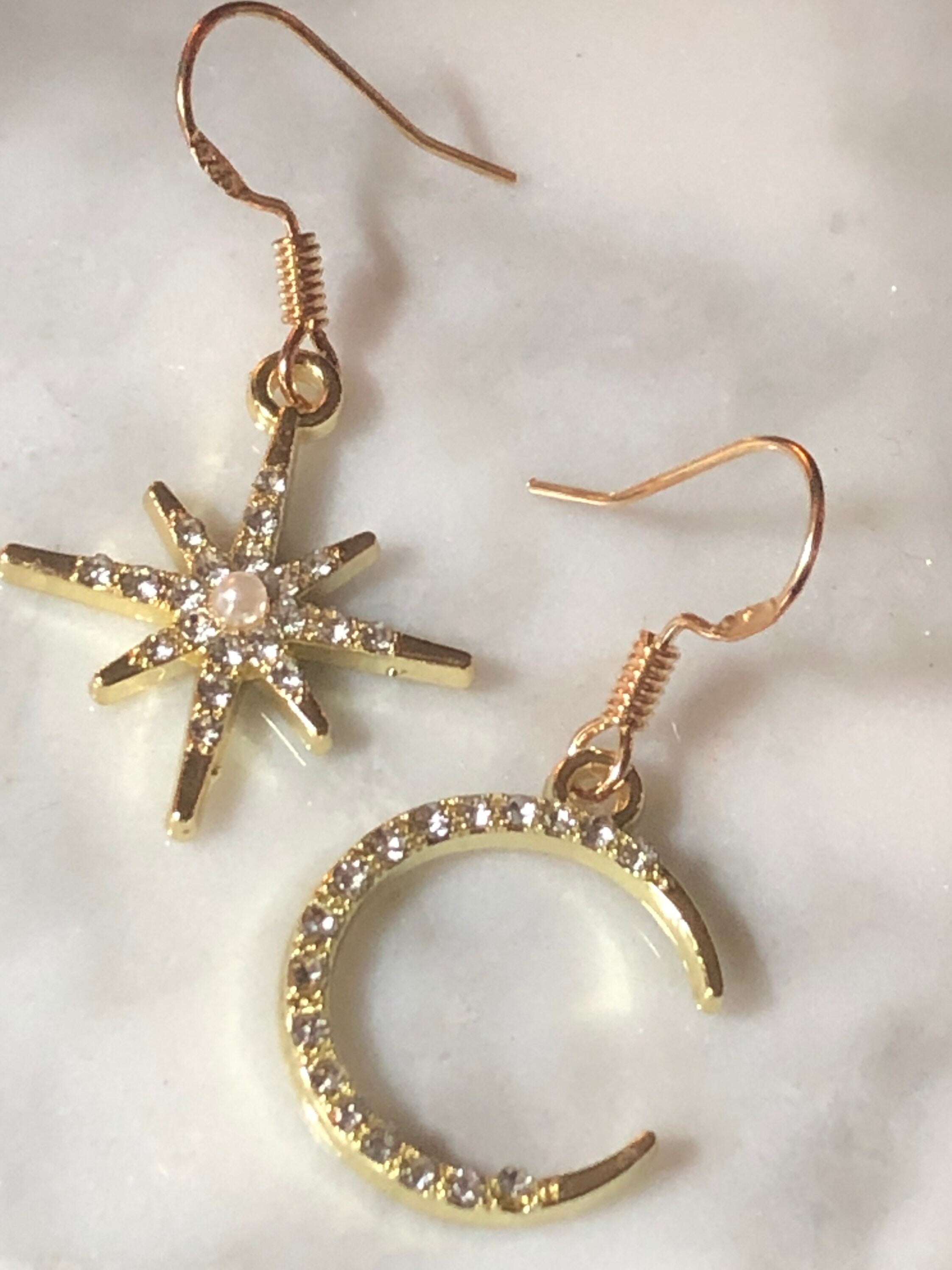 Celestial star & moon earrings with clear diamanté seed and pearl gold tone