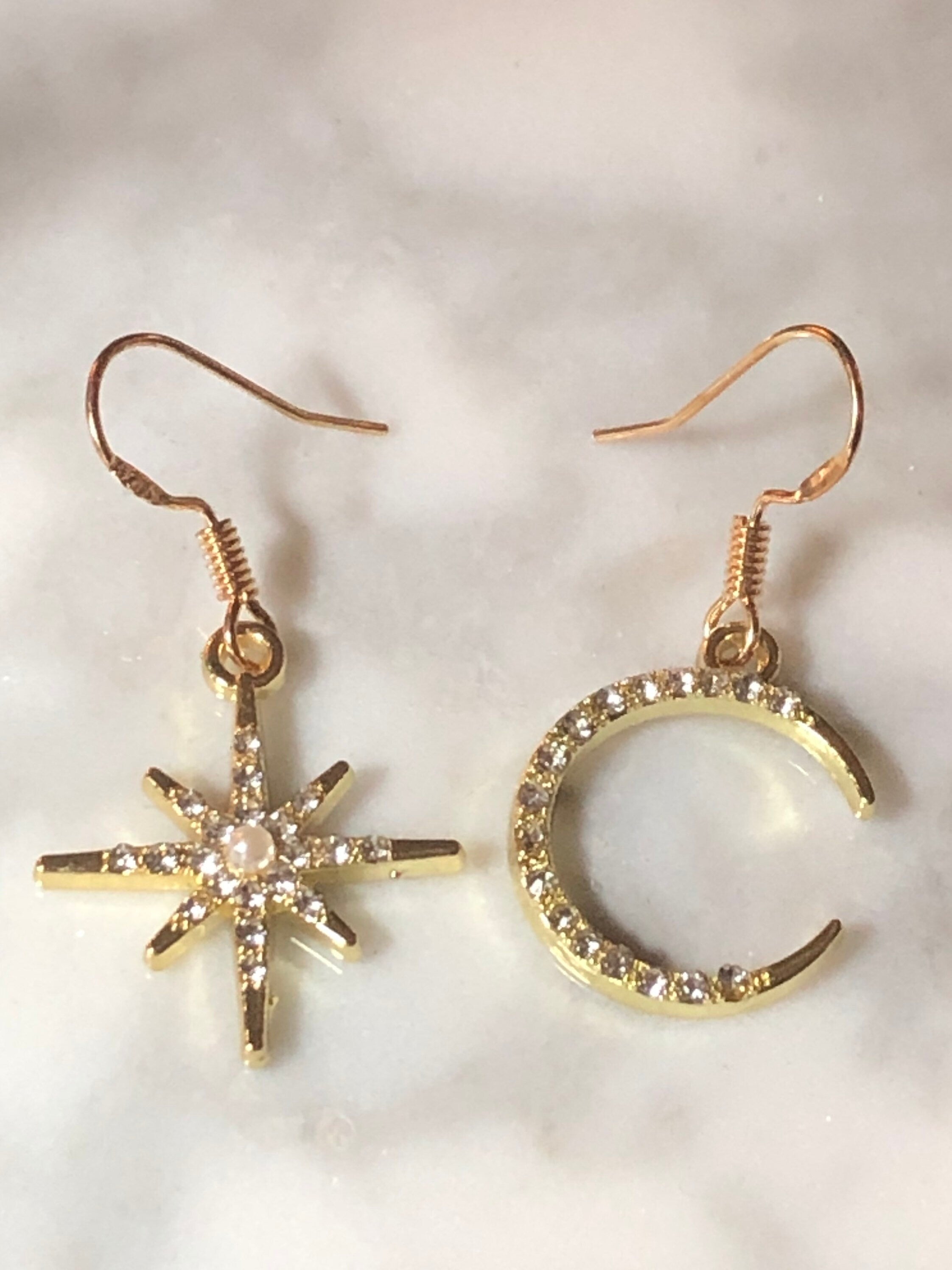 Celestial star & moon earrings with clear diamanté seed and pearl gold tone