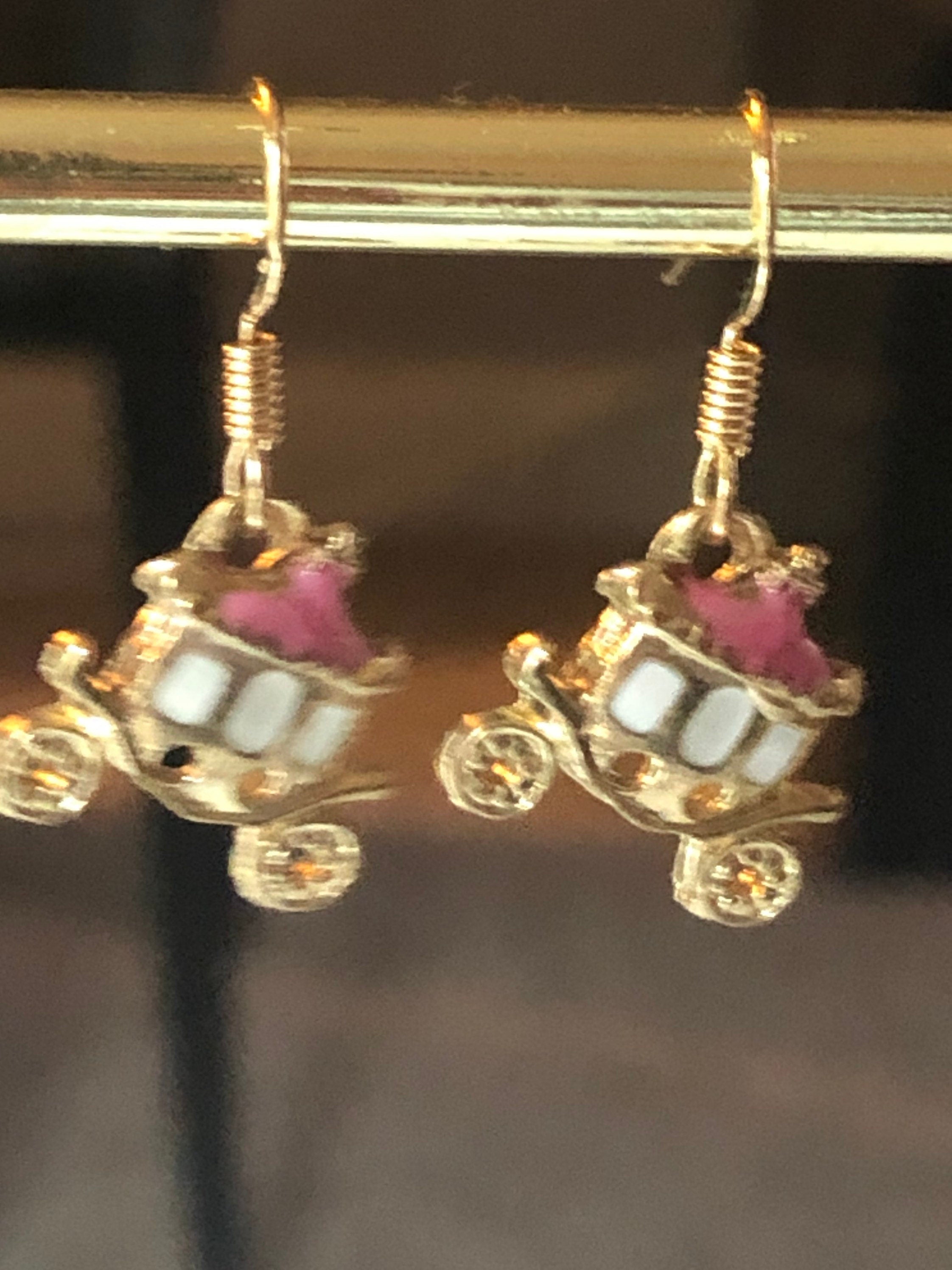 Girls princess carriage drop earrings for pierced ears gold tone pink enamel