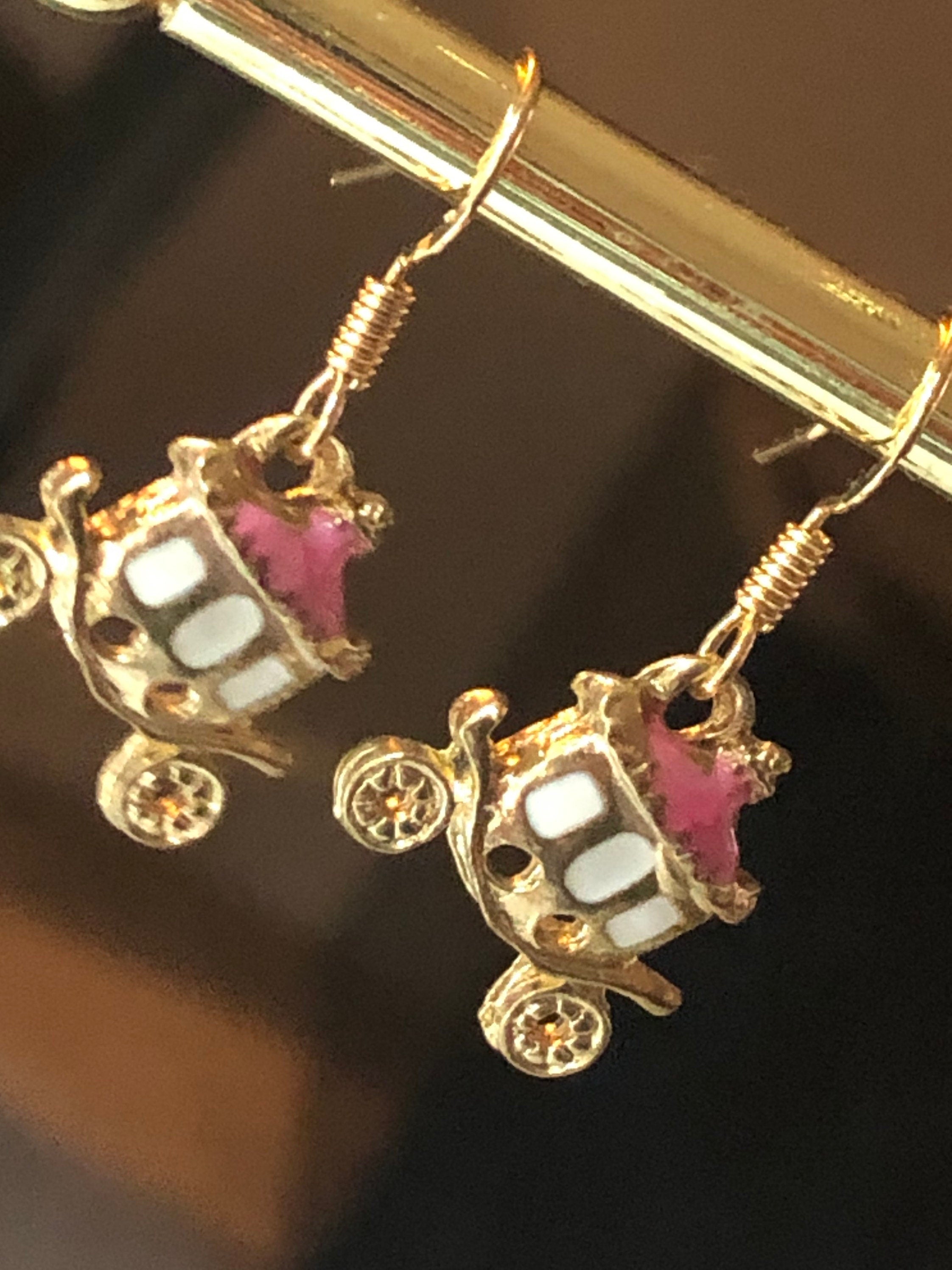 Girls princess carriage drop earrings for pierced ears gold tone pink enamel