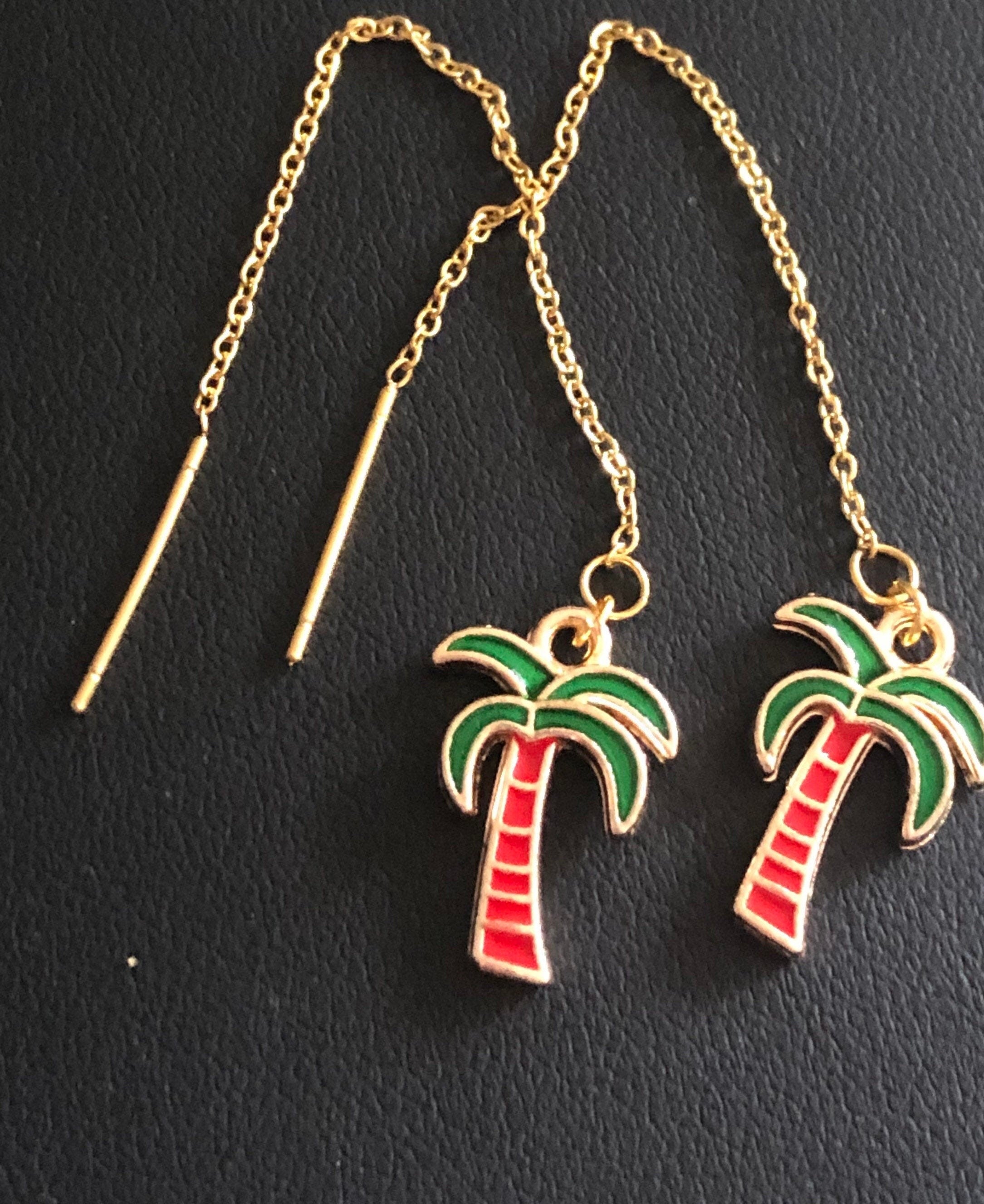 Pull through palm tree drop earrings pierced chain earrings threader