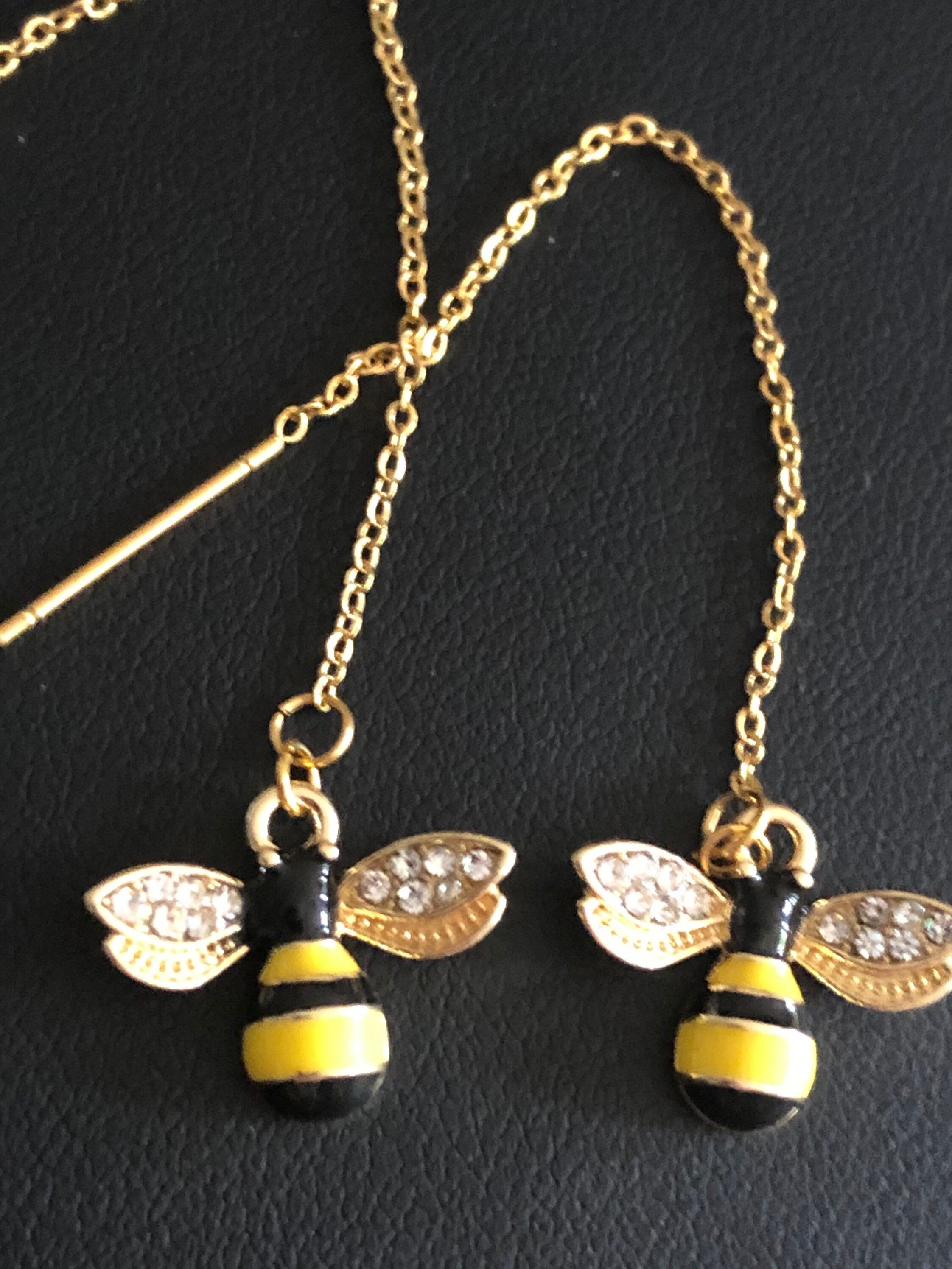 diamanté bee threader earrings pierced pull through stainless steel threader gold tone black yellow