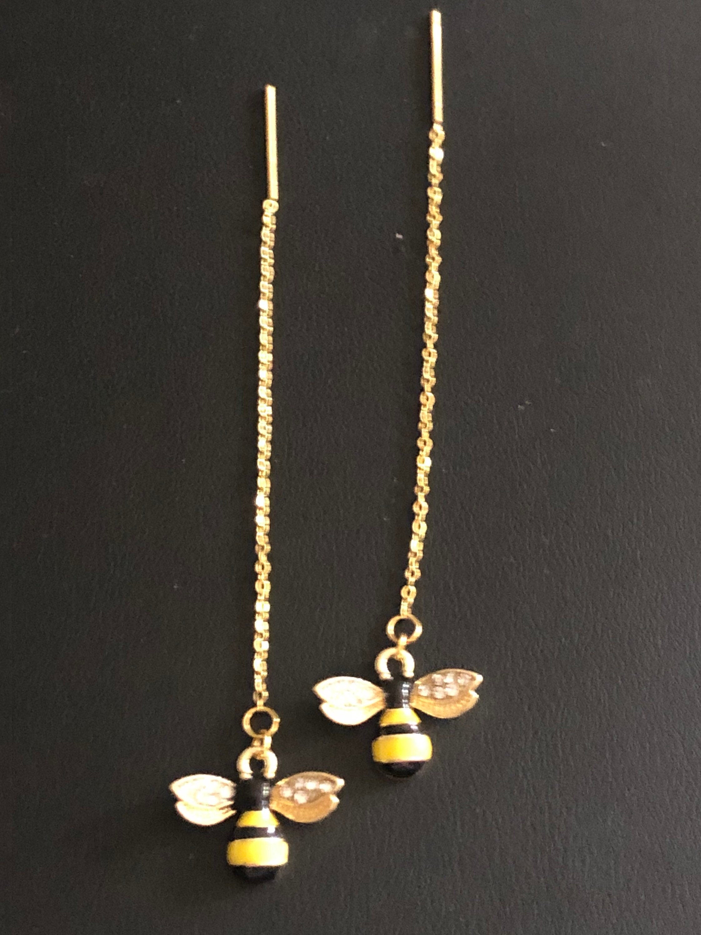 diamanté bee threader earrings pierced pull through stainless steel threader gold tone black yellow