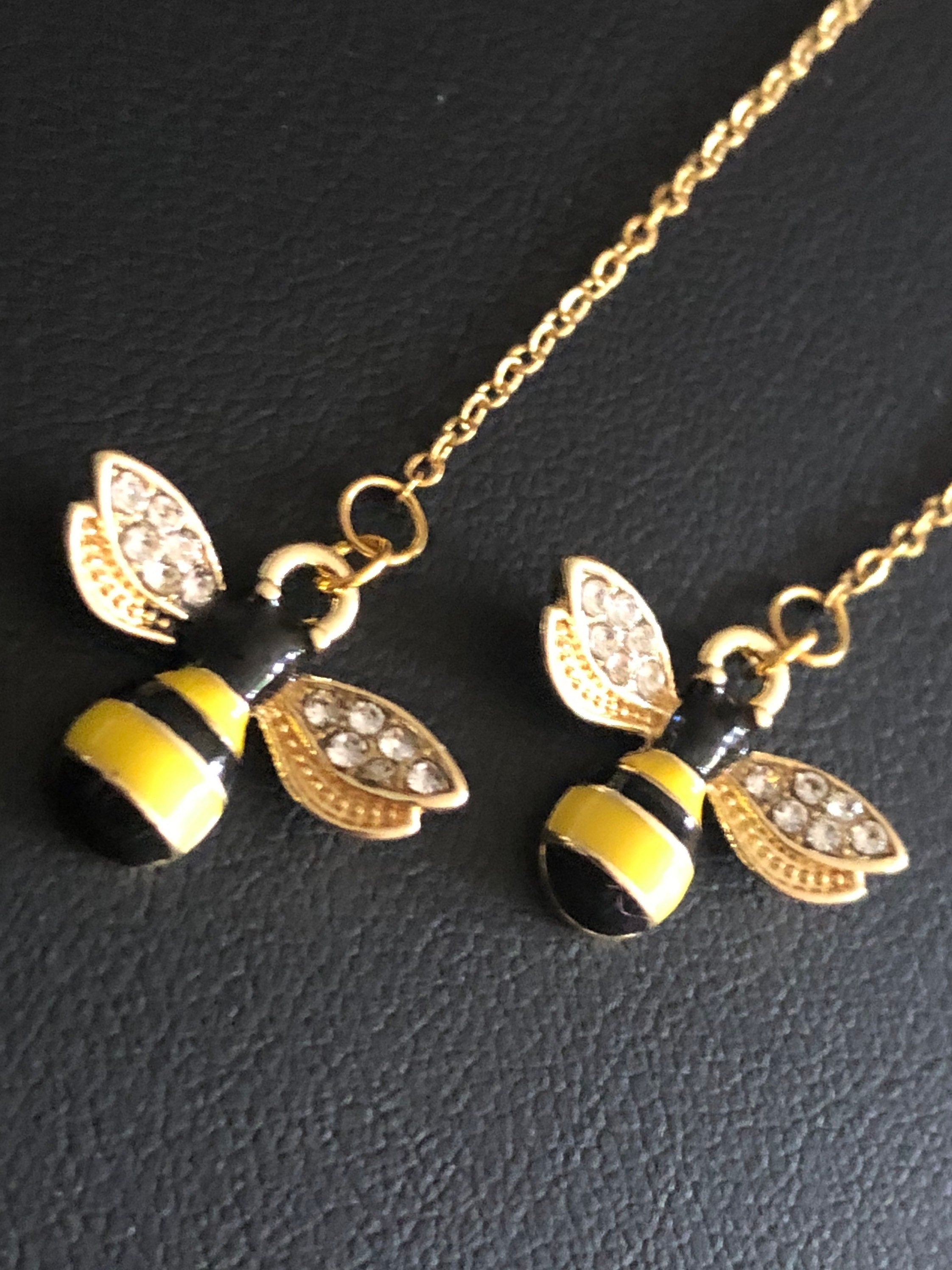diamanté bee threader earrings pierced pull through stainless steel threader gold tone black yellow
