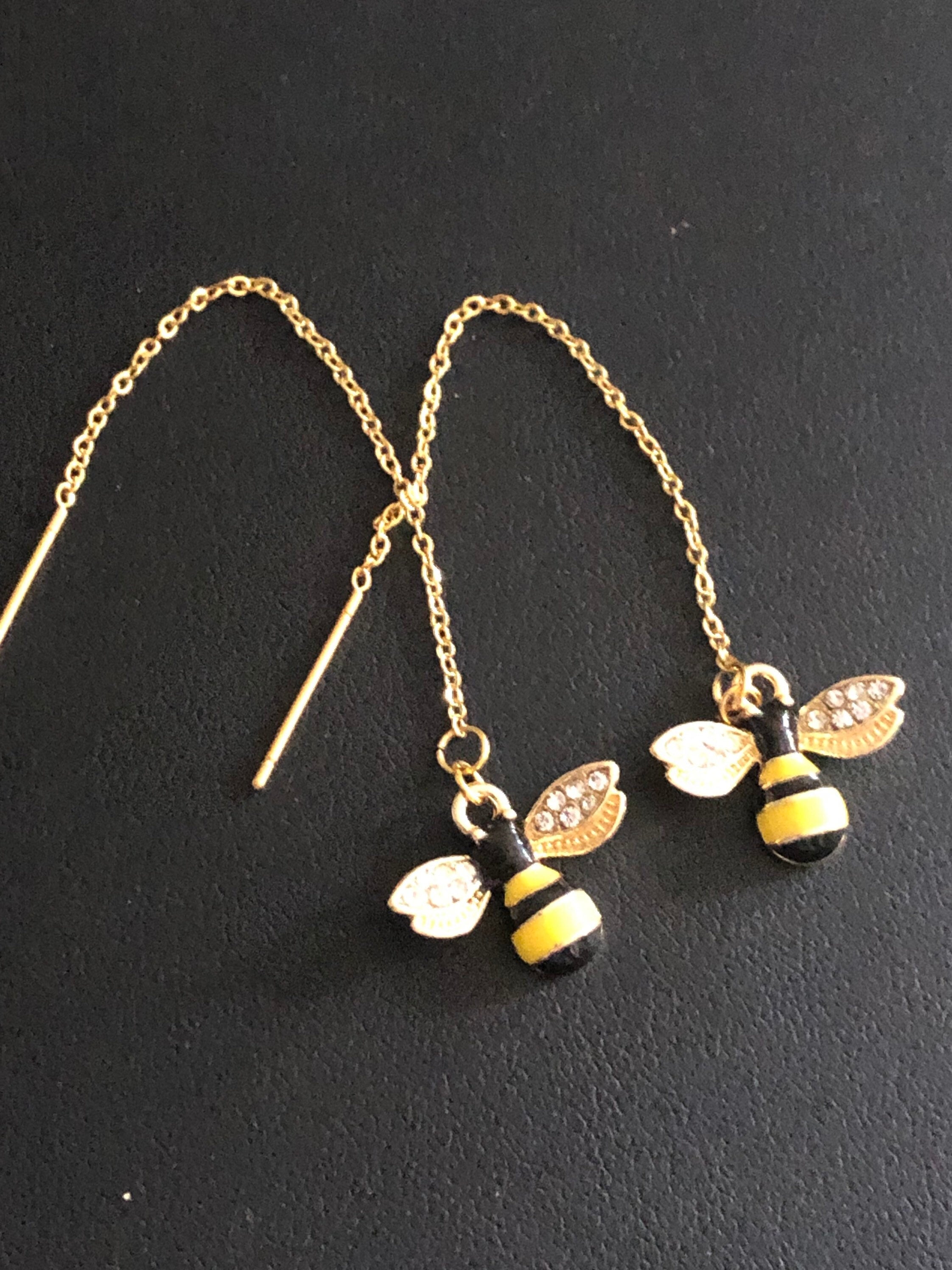 diamanté bee threader earrings pierced pull through stainless steel threader gold tone black yellow