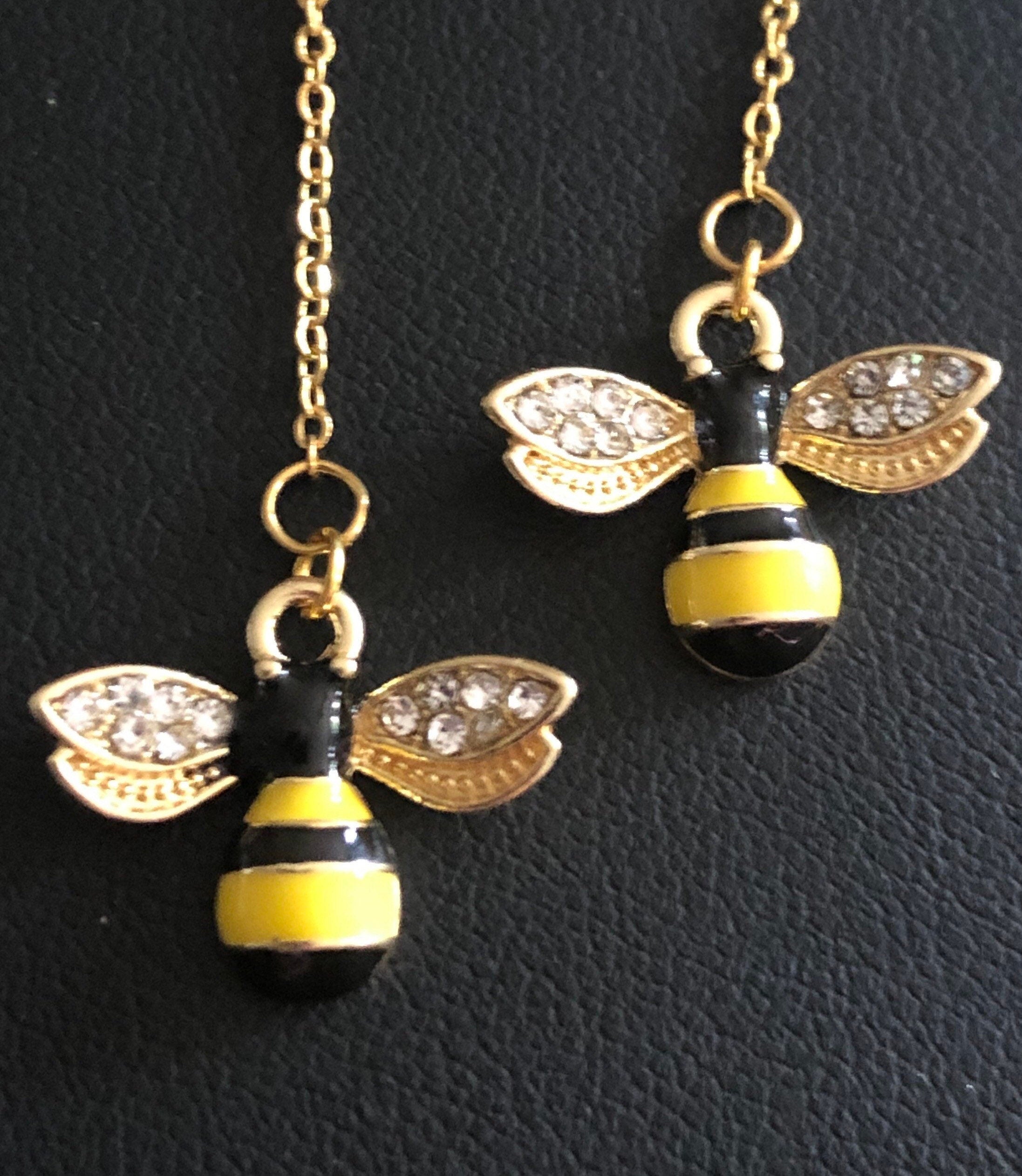diamanté bee threader earrings pierced pull through stainless steel threader gold tone black yellow