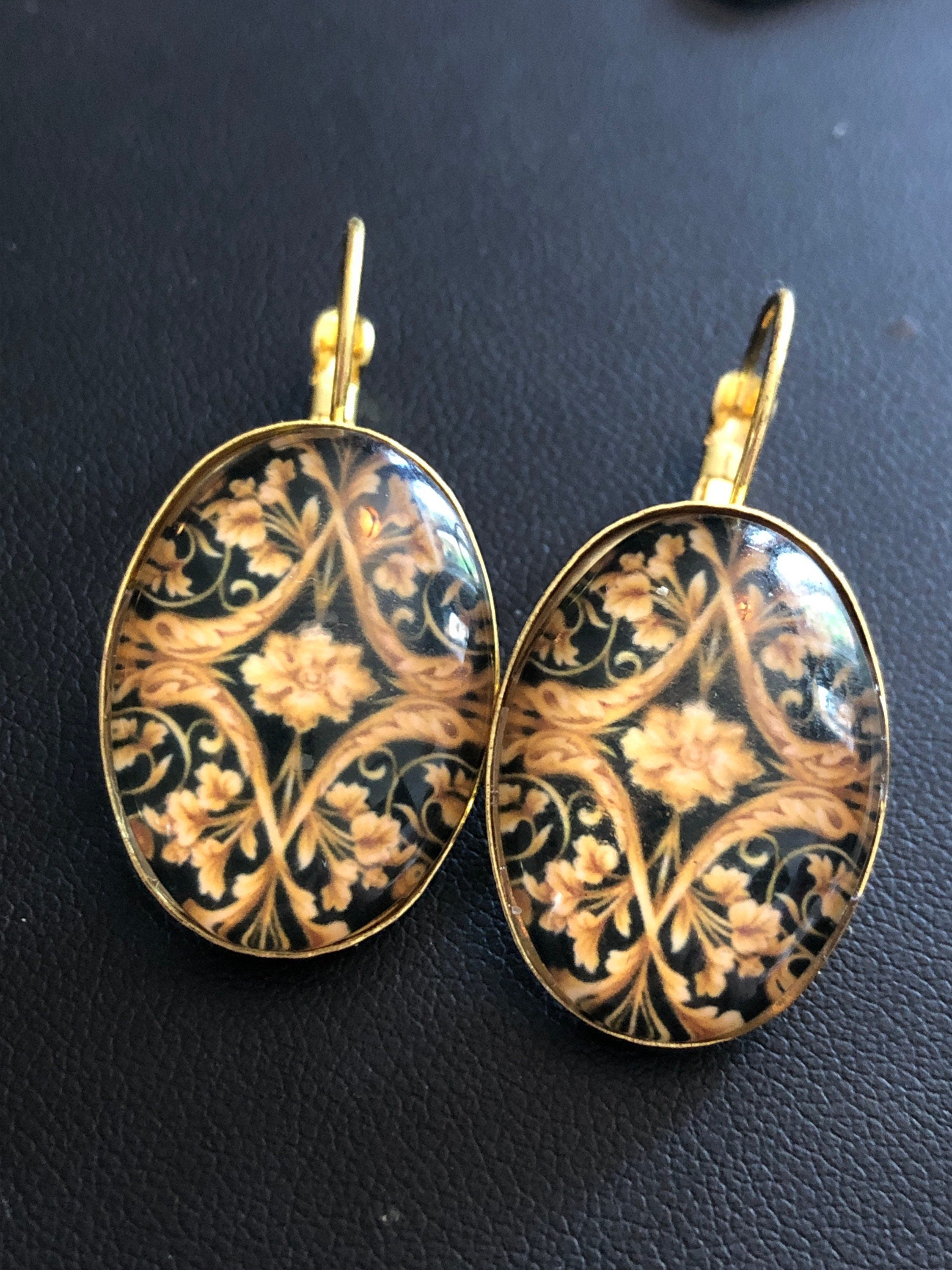 Antique rococo style gold black oval glass cabochon earrings