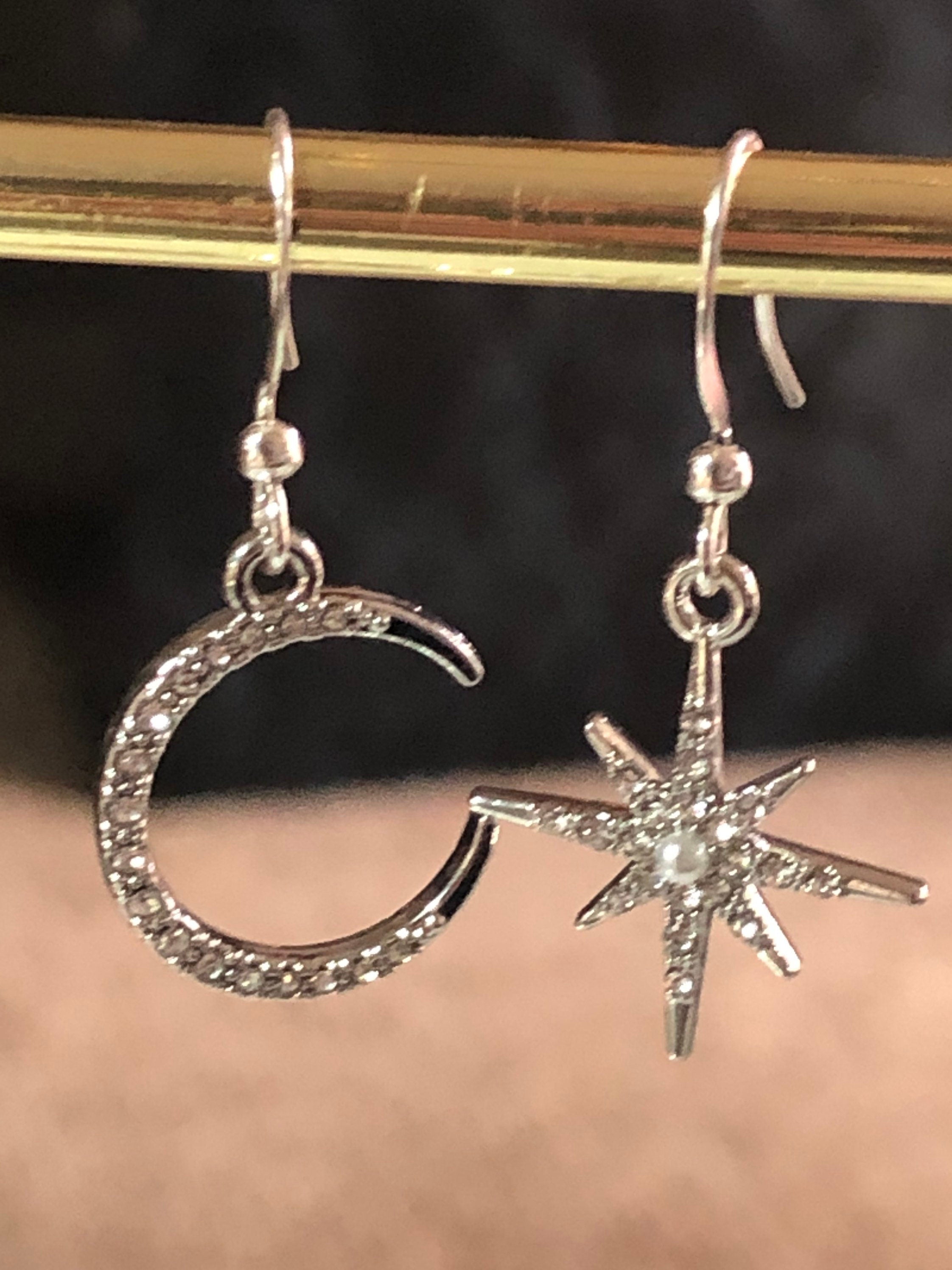 silver tone oversized Celestial star & moon earrings paste diamanté