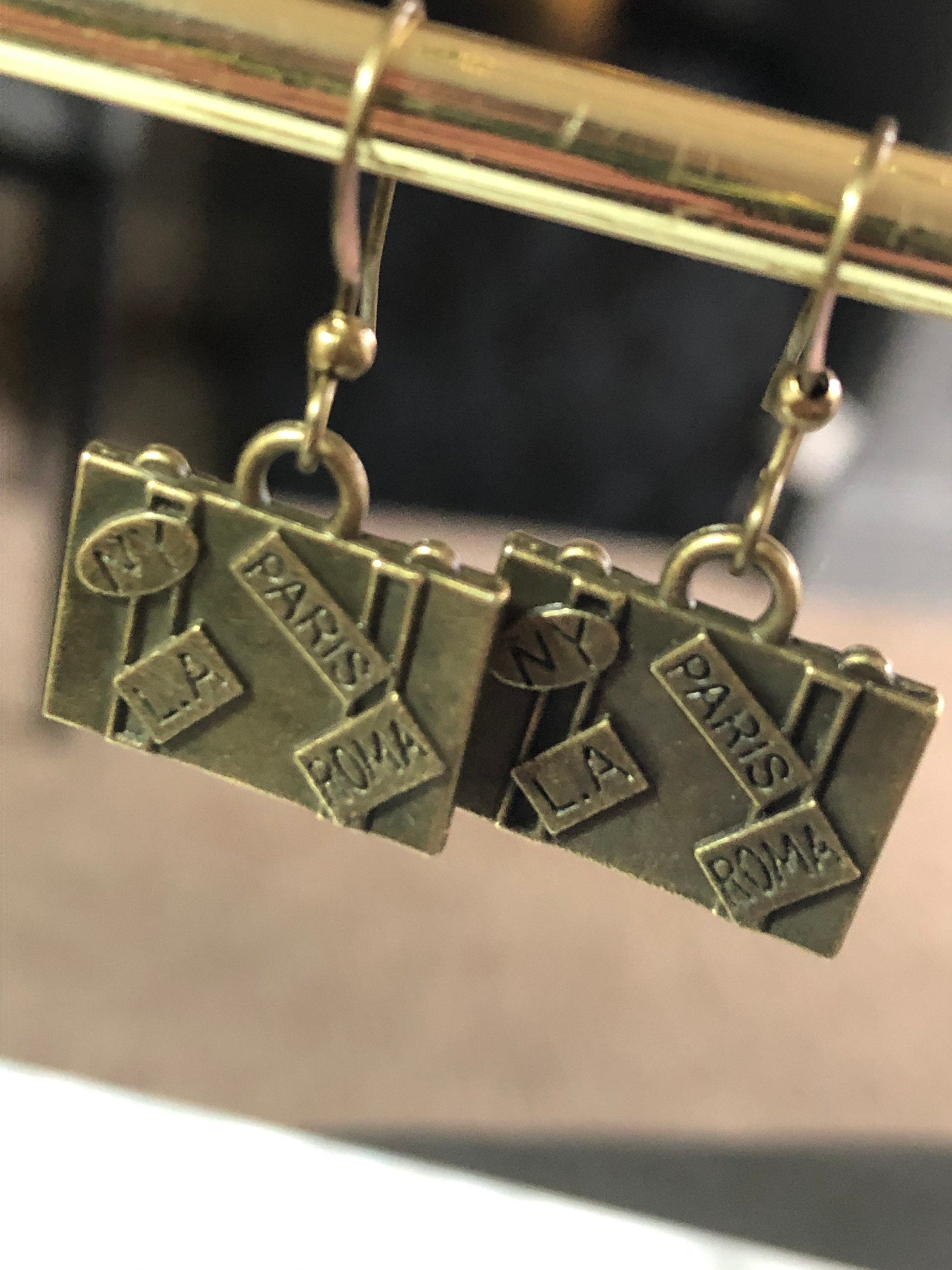 travel suitcase small drop earrings pierced antique bronze gold tone gift for traveller