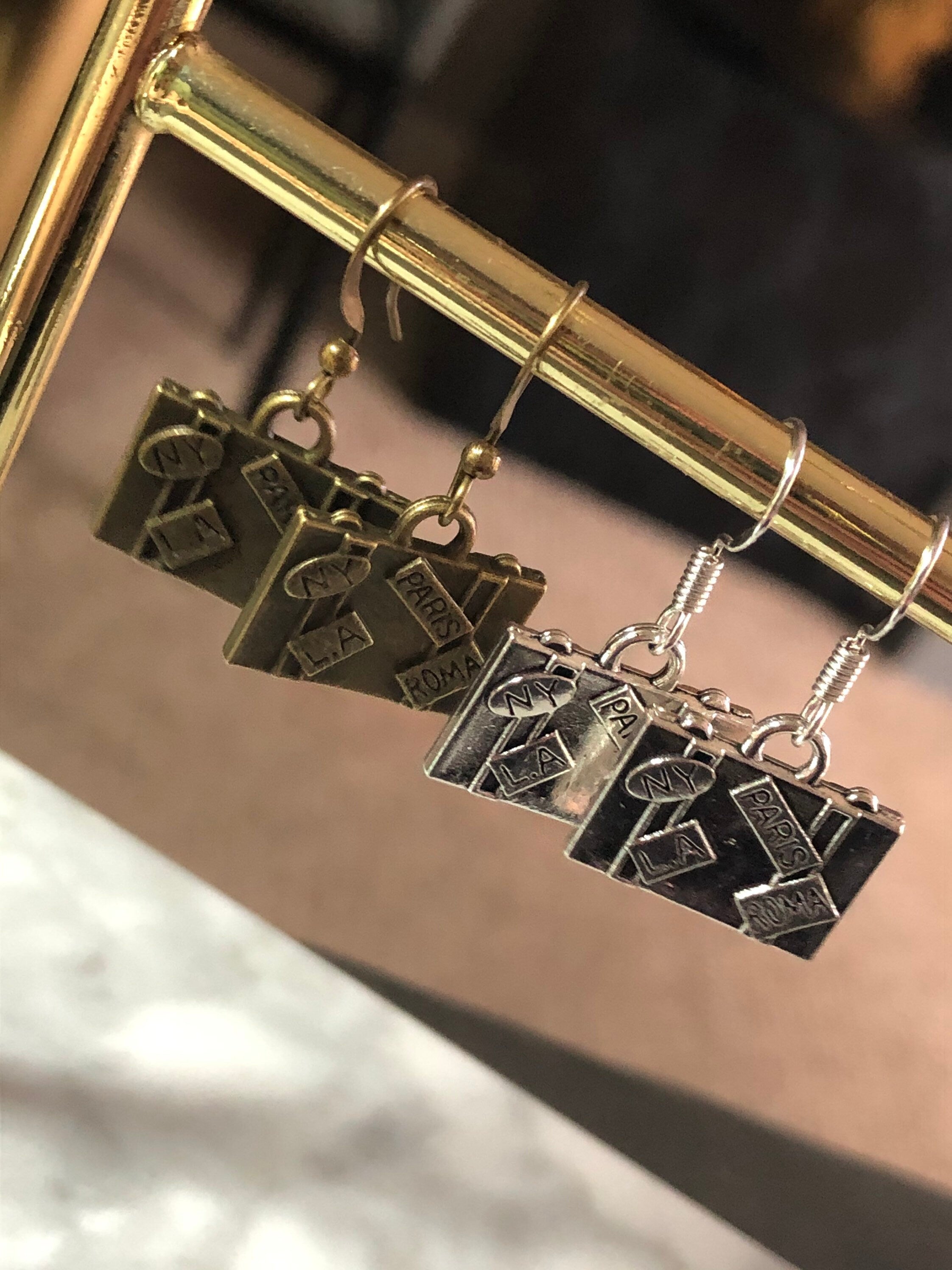 travel suitcase small drop earrings pierced antique bronze gold tone gift for traveller