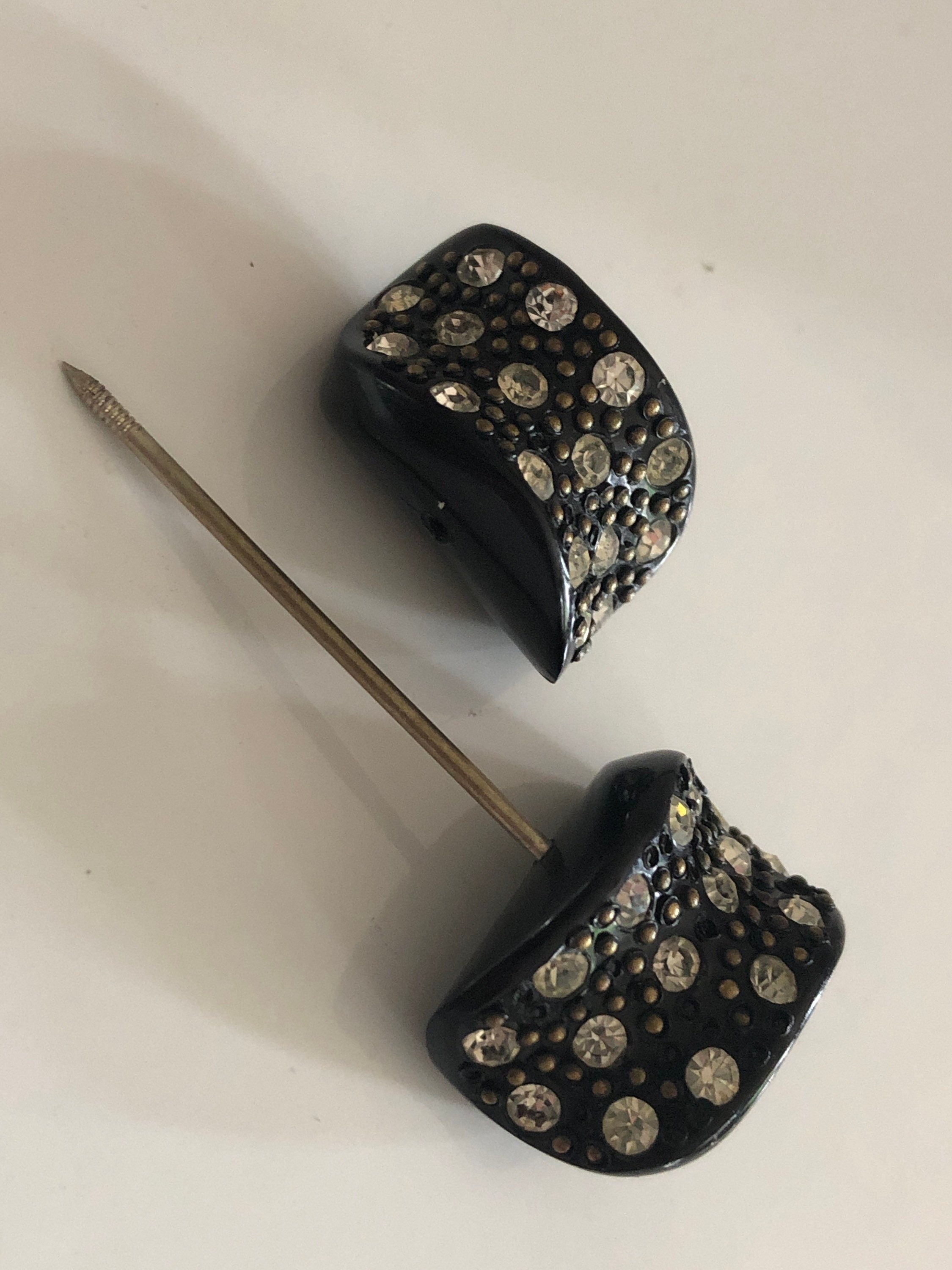 French jabot pin double ended rhinestone set black pique Bakelite