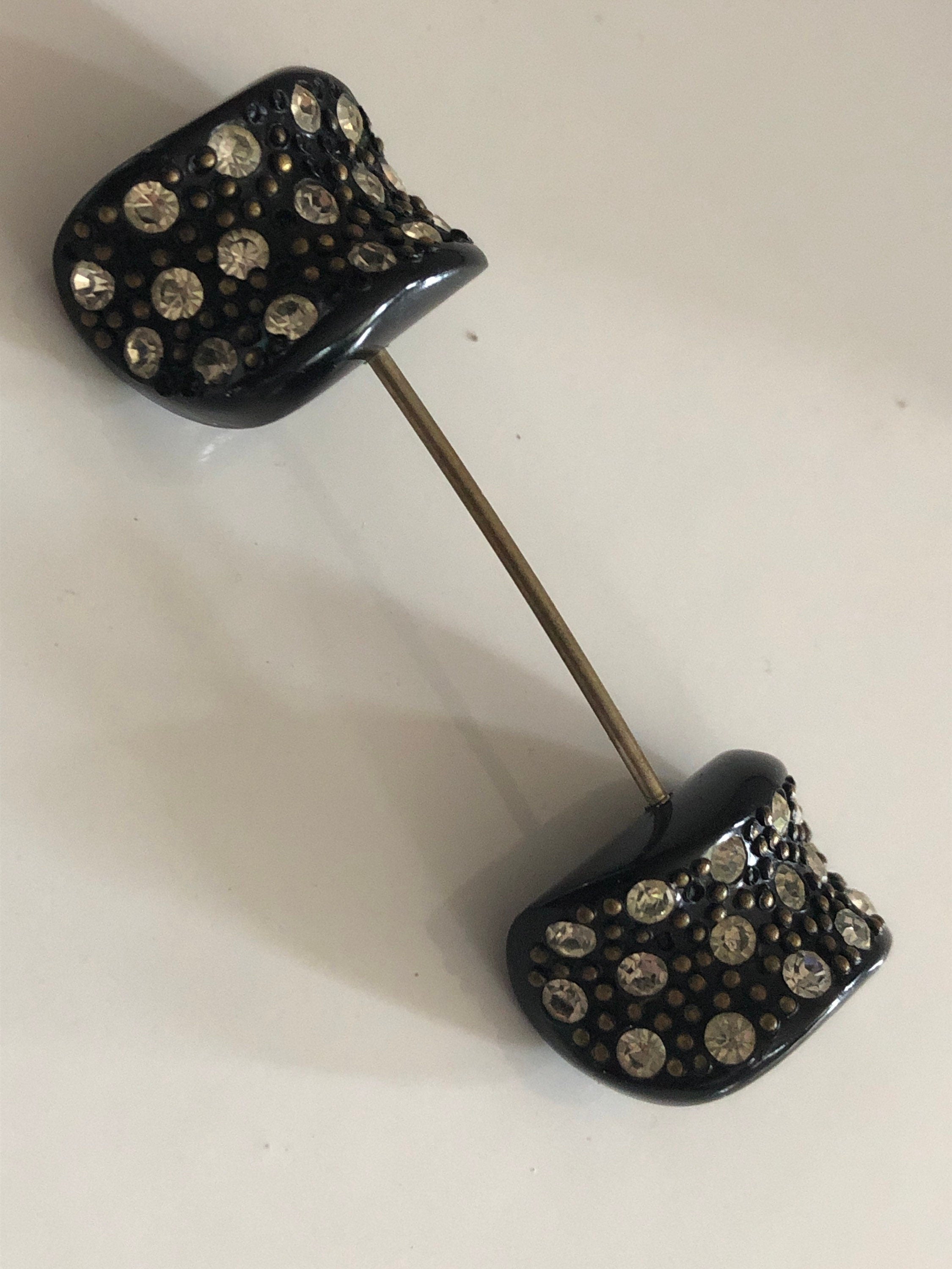 French jabot pin double ended rhinestone set black pique Bakelite