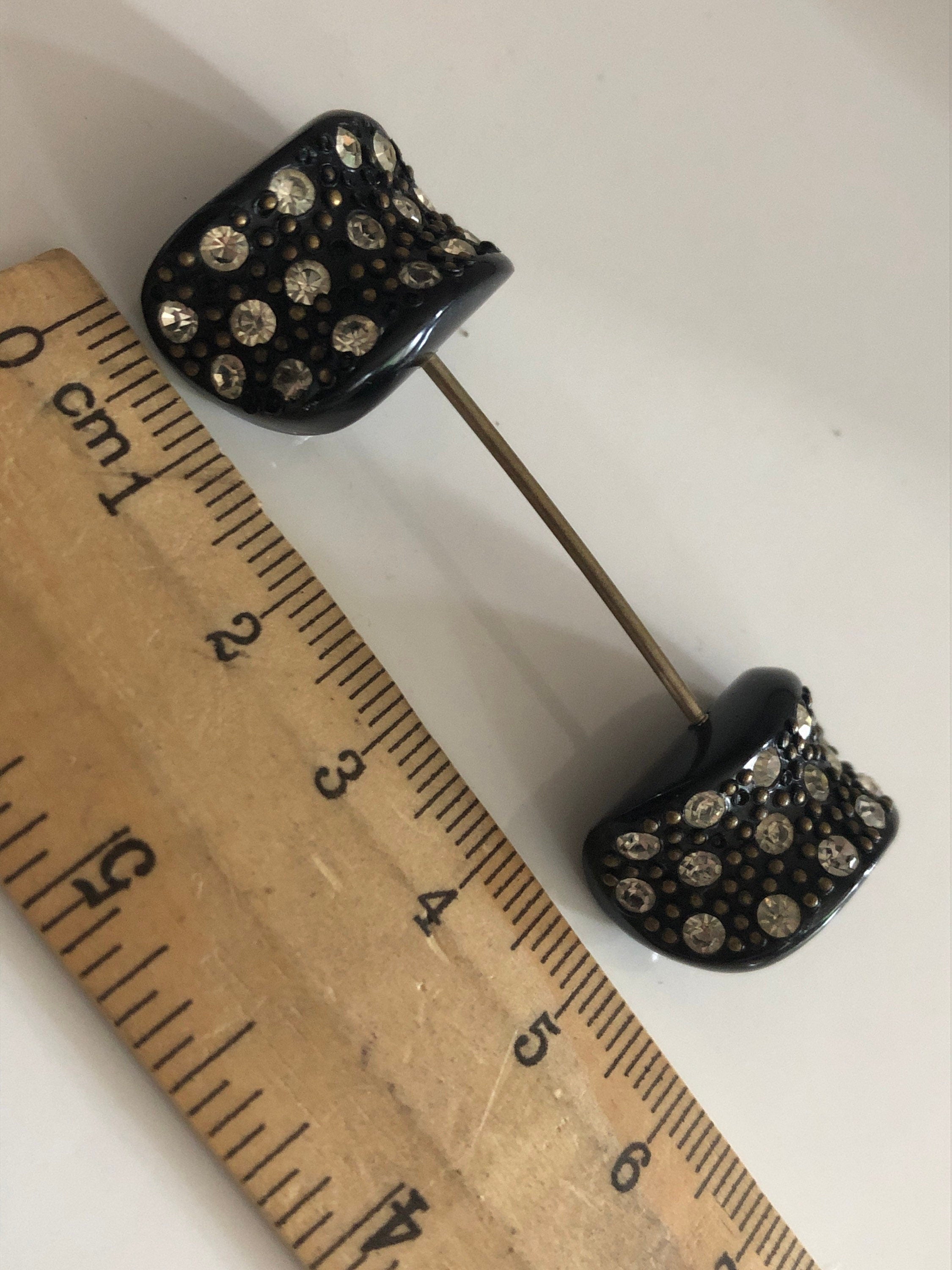 French jabot pin double ended rhinestone set black pique Bakelite