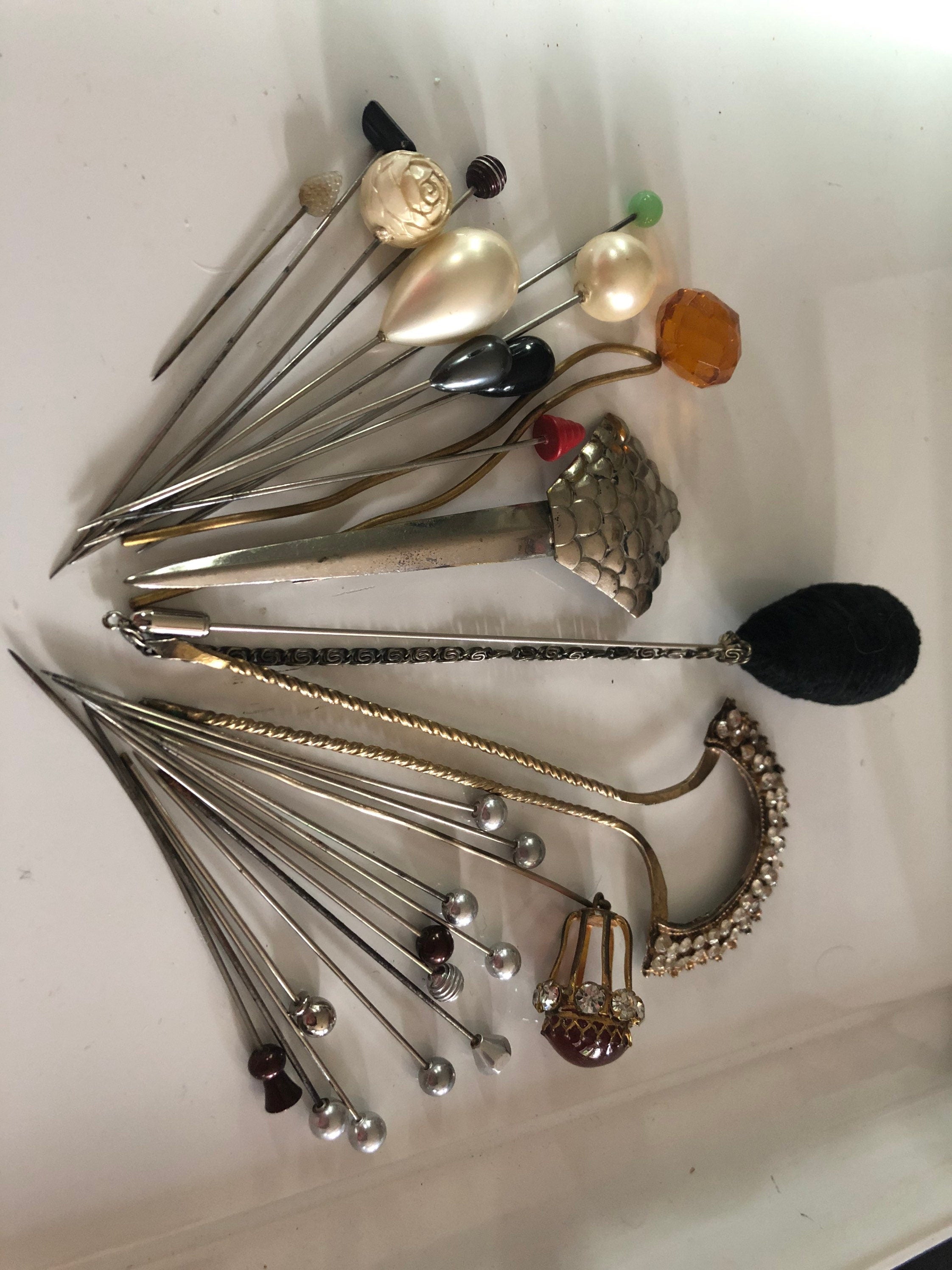 French jabot pin double ended rhinestone set black pique Bakelite
