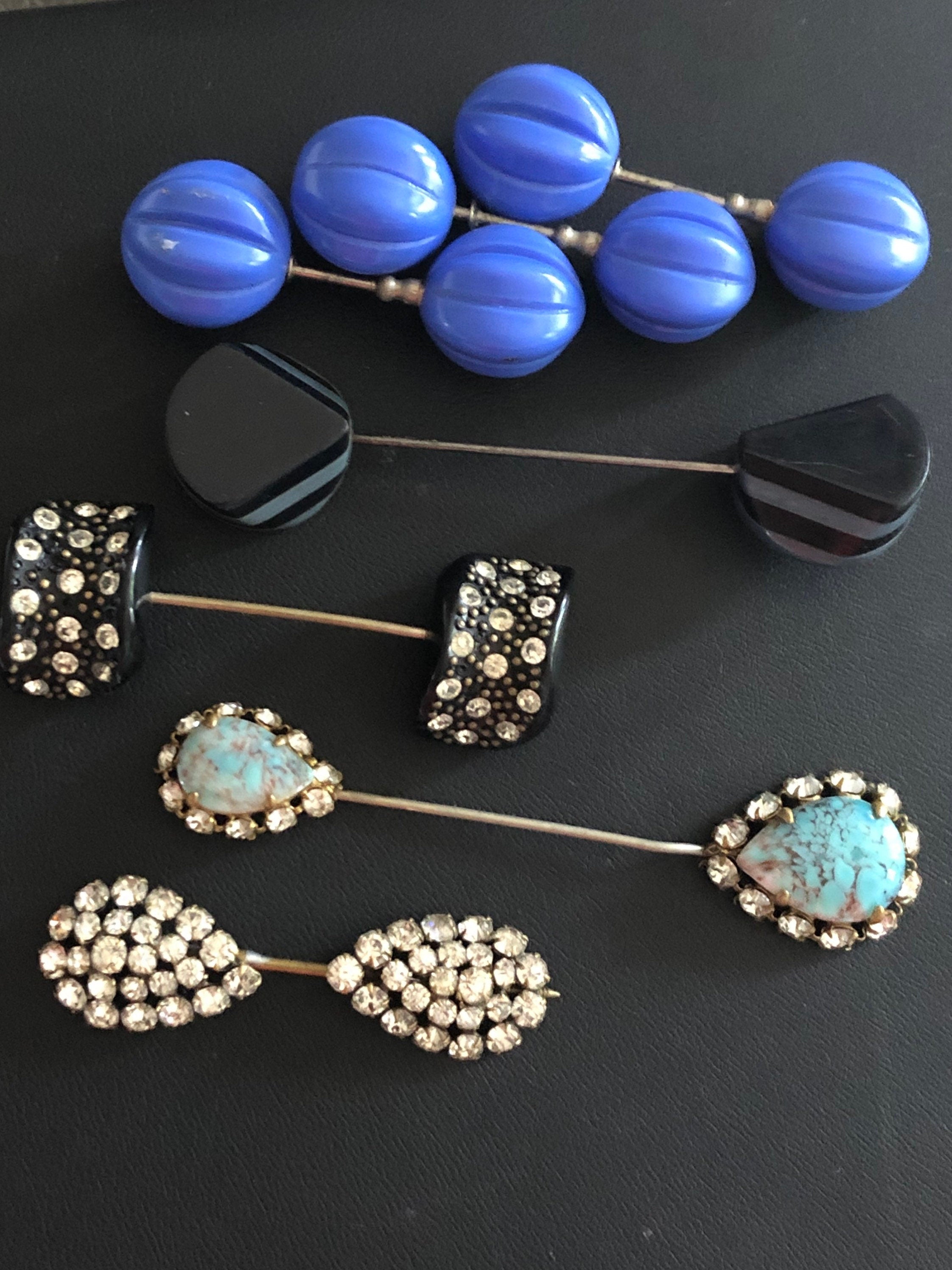 French jabot pin double ended rhinestone set black pique Bakelite