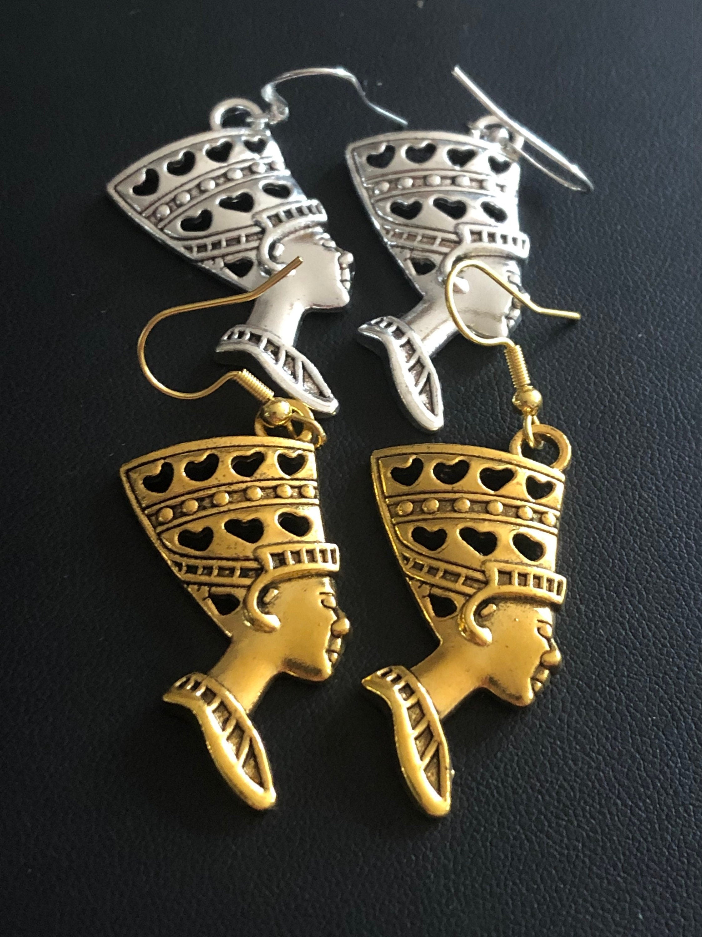 Gold tone Egyptian revival style queen Nefertiti 5cm drop earrings