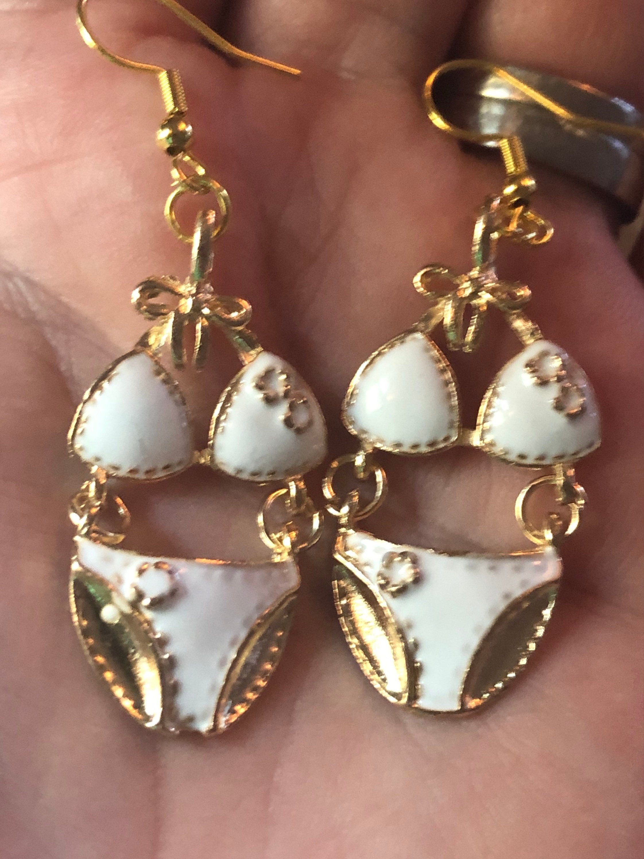 Gold tone & white enamel summer bikini drop earrings