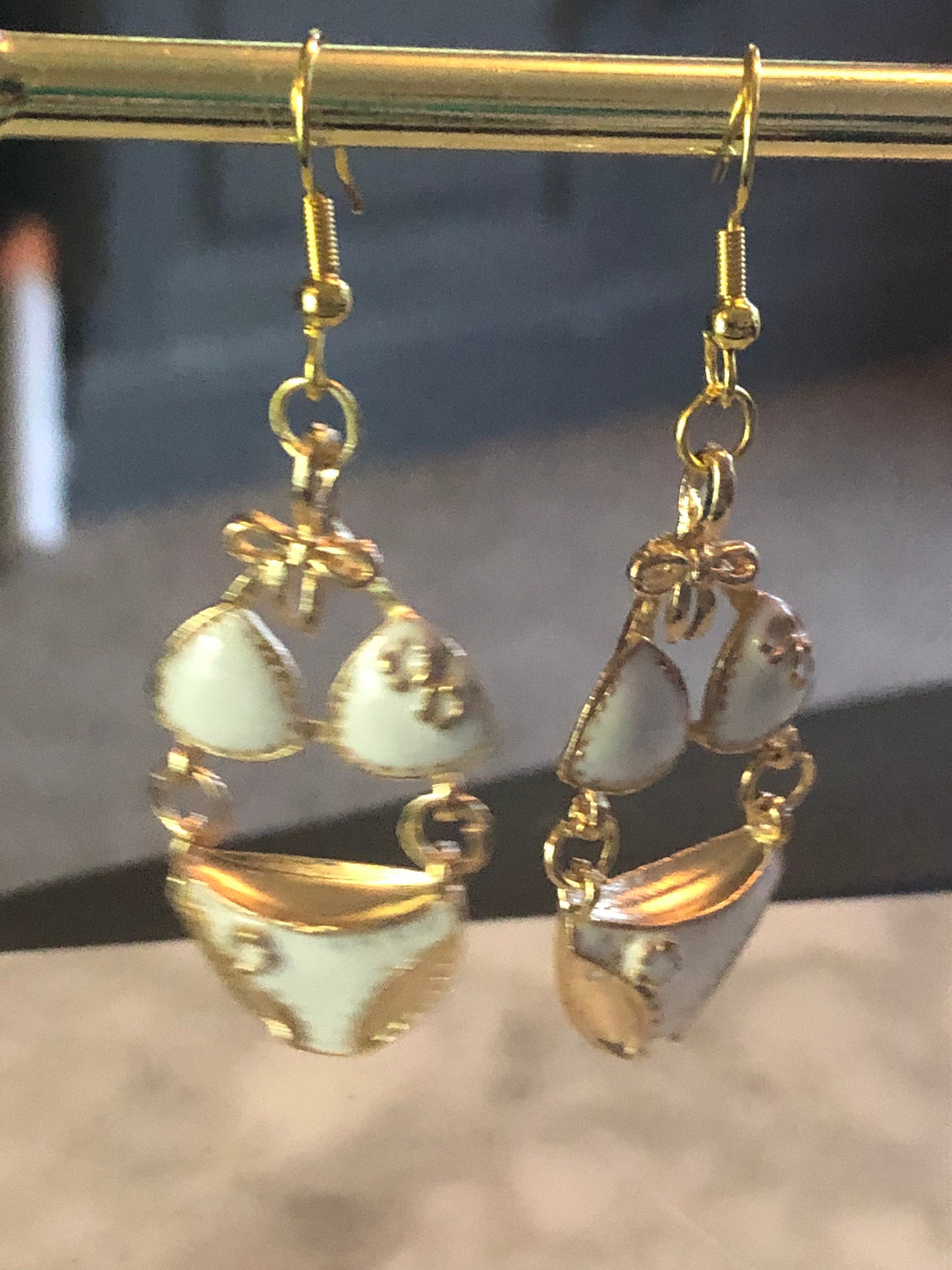 Gold tone & white enamel summer bikini drop earrings