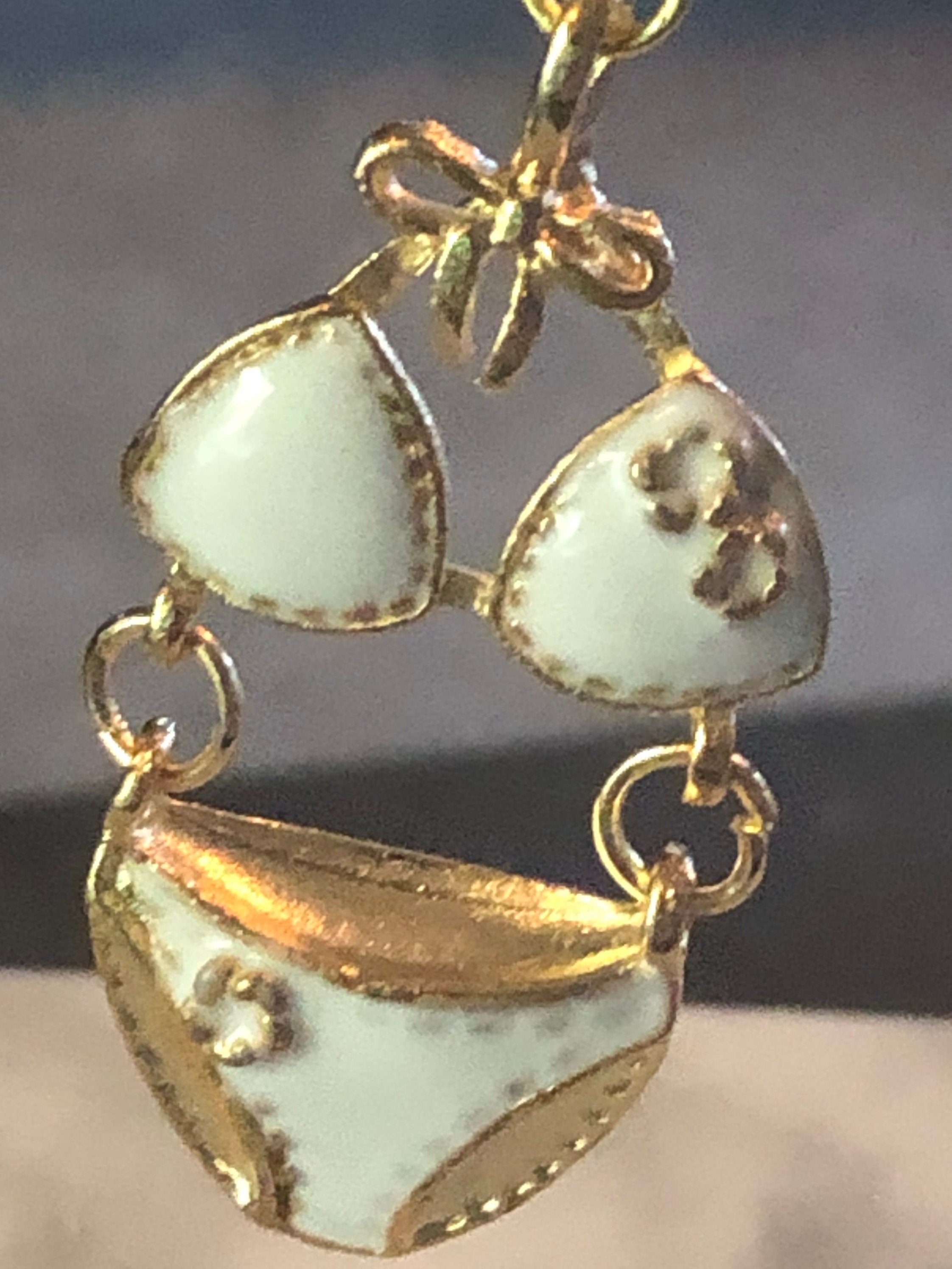 Gold tone & white enamel summer bikini drop earrings