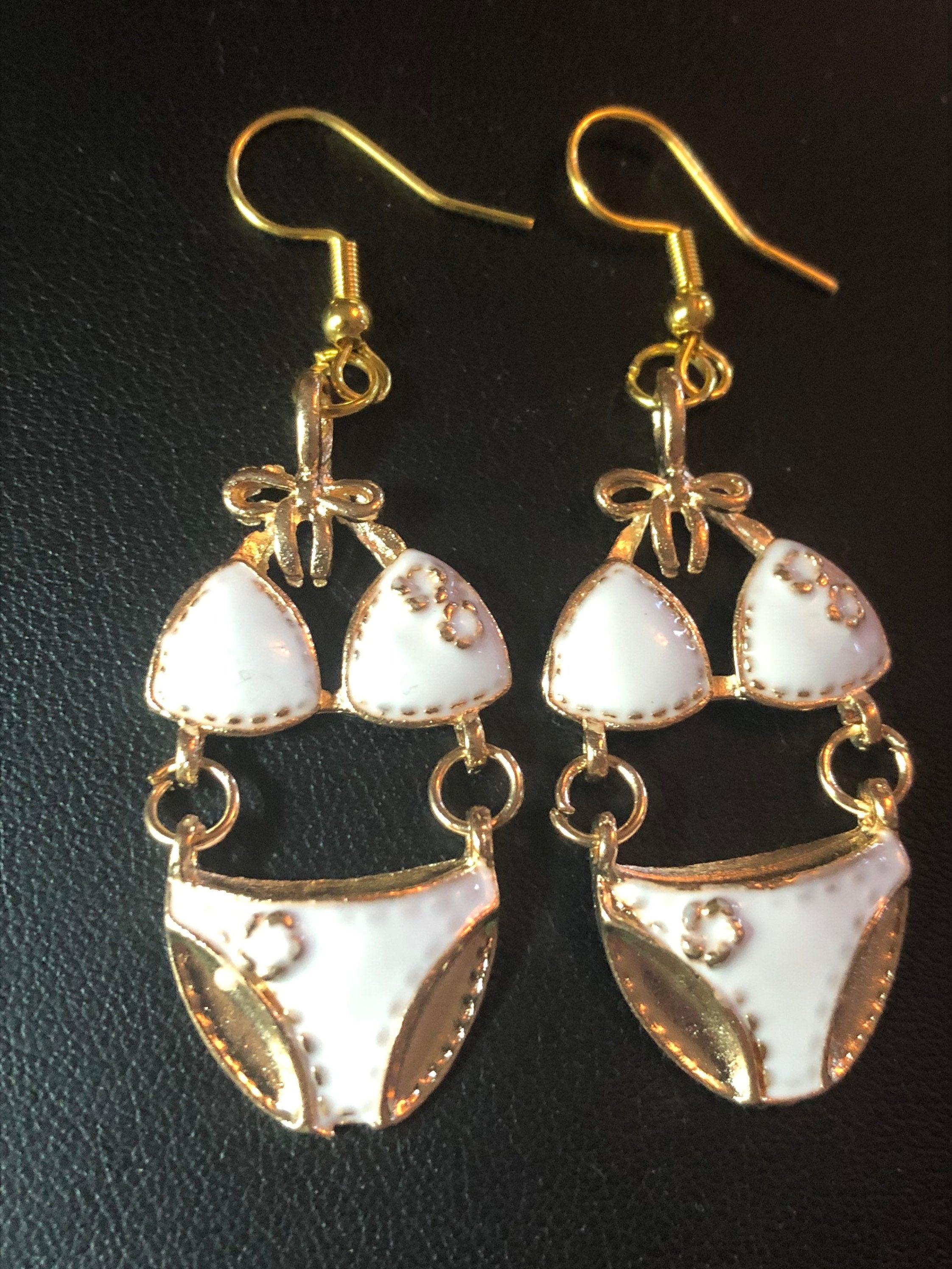Gold tone & white enamel summer bikini drop earrings