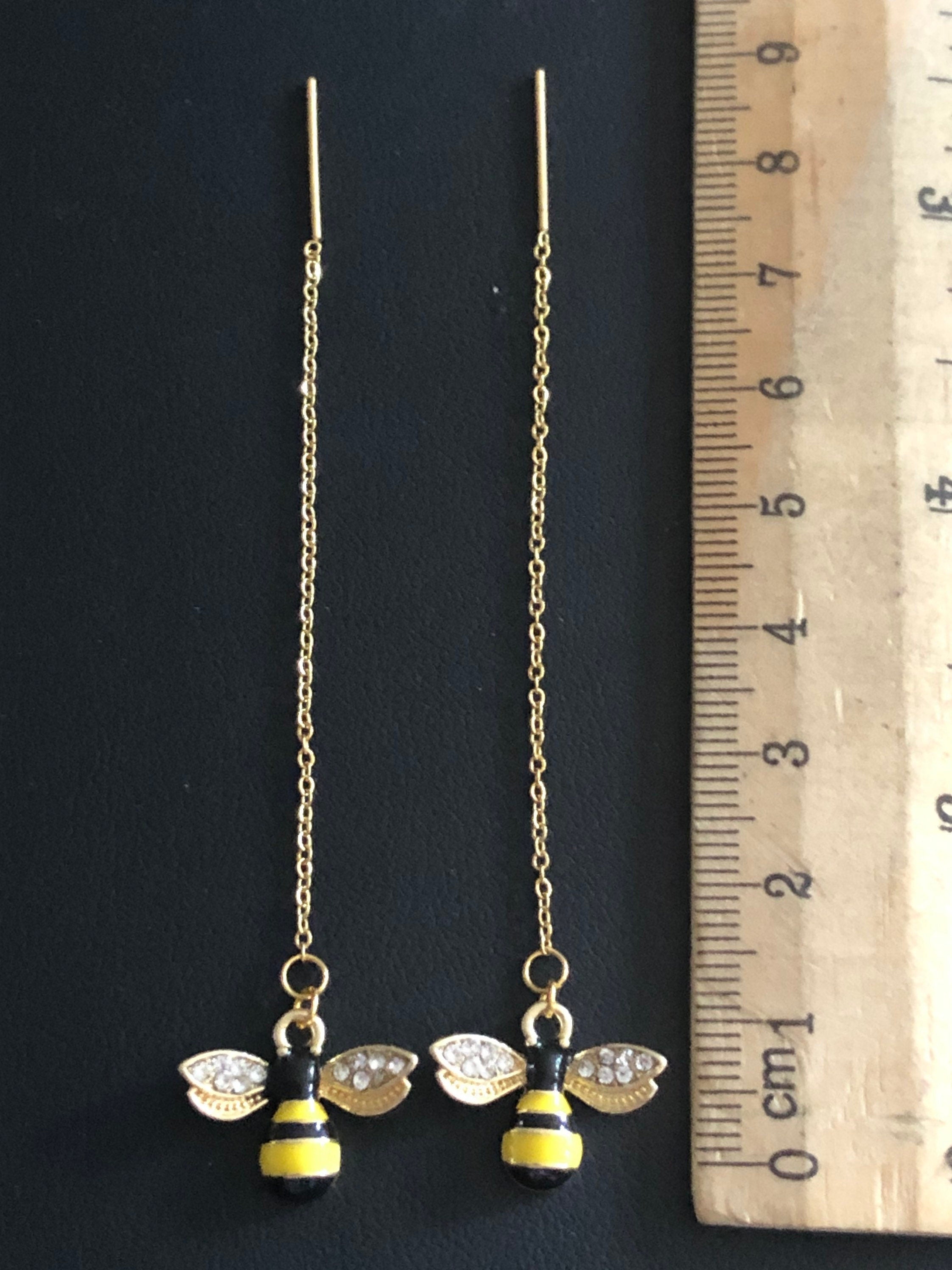 diamanté bee threader earrings pierced pull through stainless steel threader gold tone black yellow