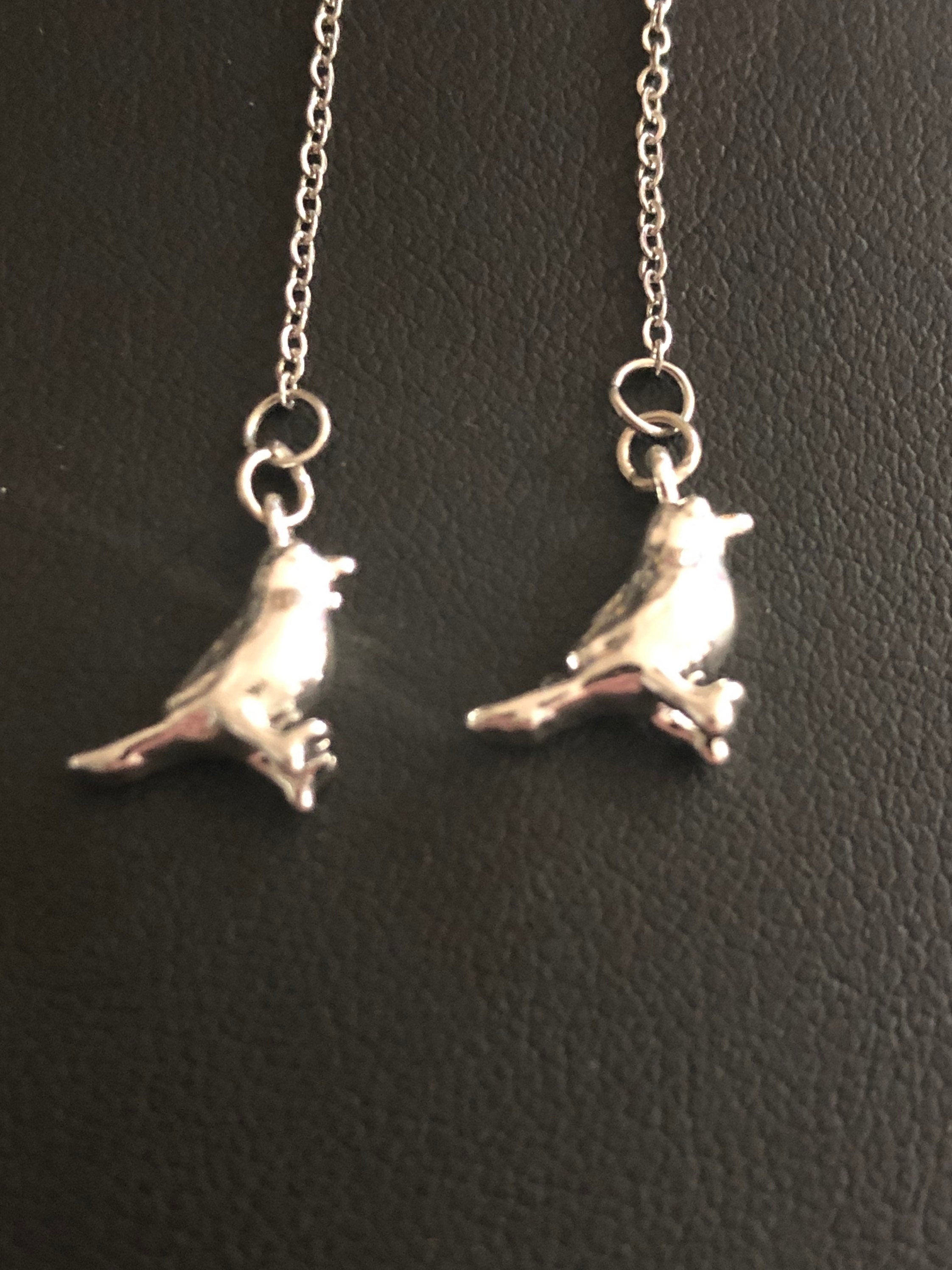 Silver plated bird drop earrings pierced pull through threader