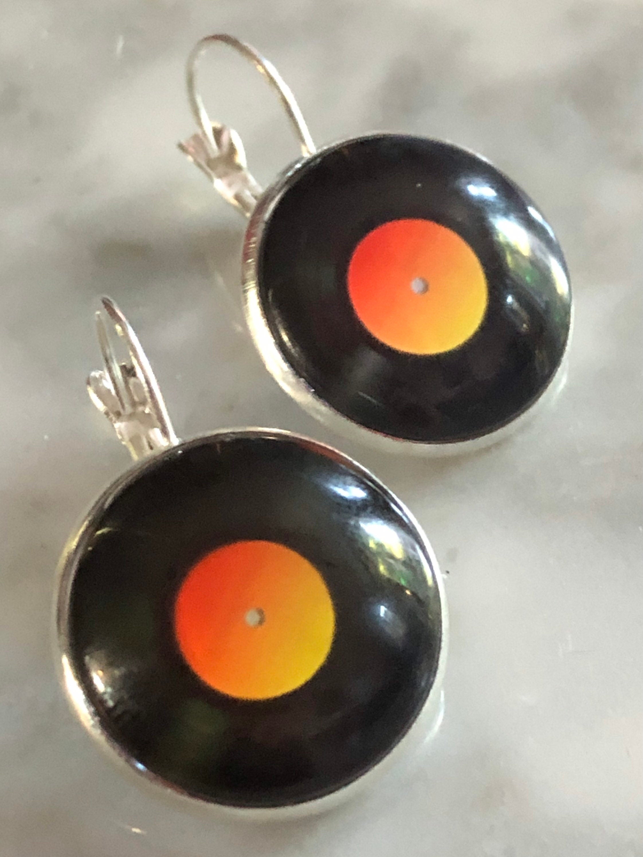 2cm retro Black orange Vinyl record drop earrings glass cabochon silver tone
