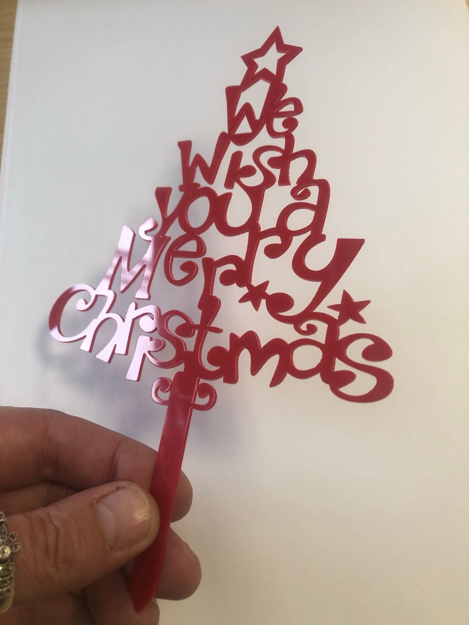 Red Christmas tree Cake Topper ( We wish you a merry Christmas) Acrylic