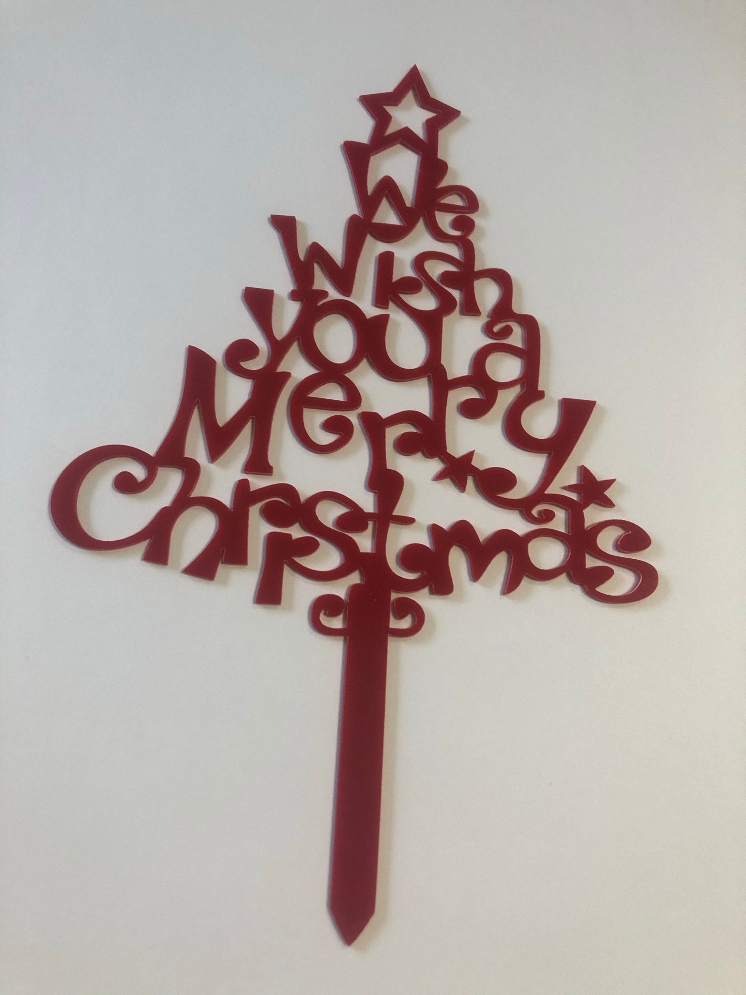 Red Christmas tree Cake Topper ( We wish you a merry Christmas) Acrylic