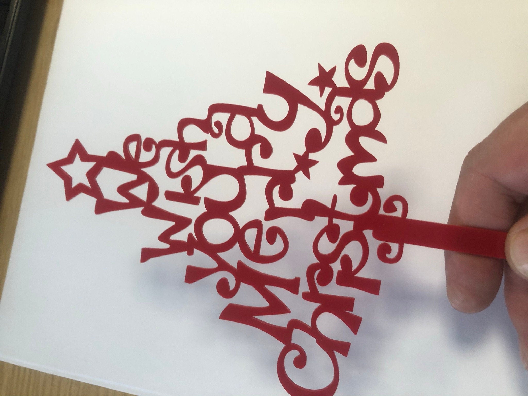 Red Christmas tree Cake Topper ( We wish you a merry Christmas) Acrylic