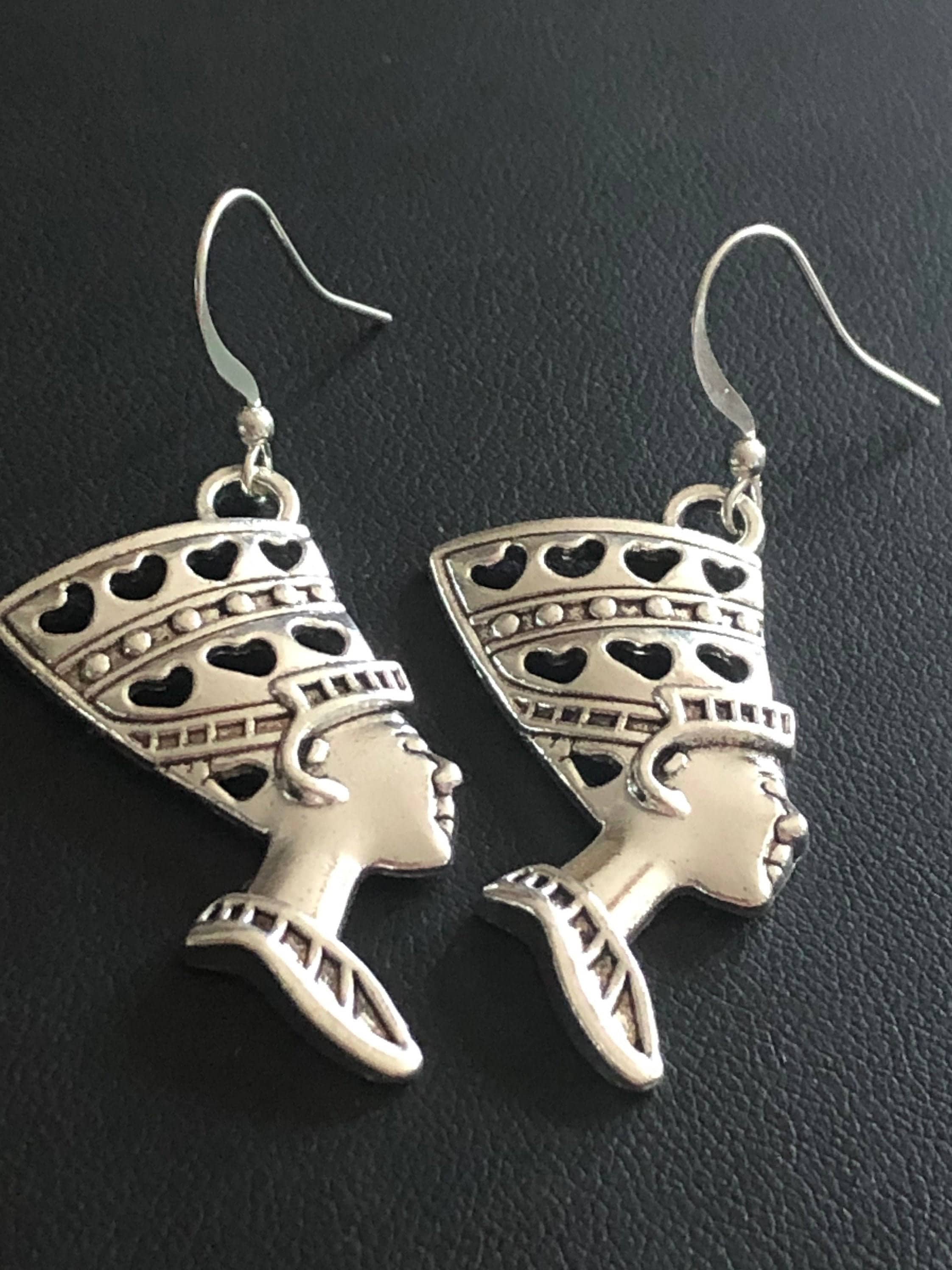 Silver tone Egyptian revival style queen Nefertiti 5cm drop earrings
