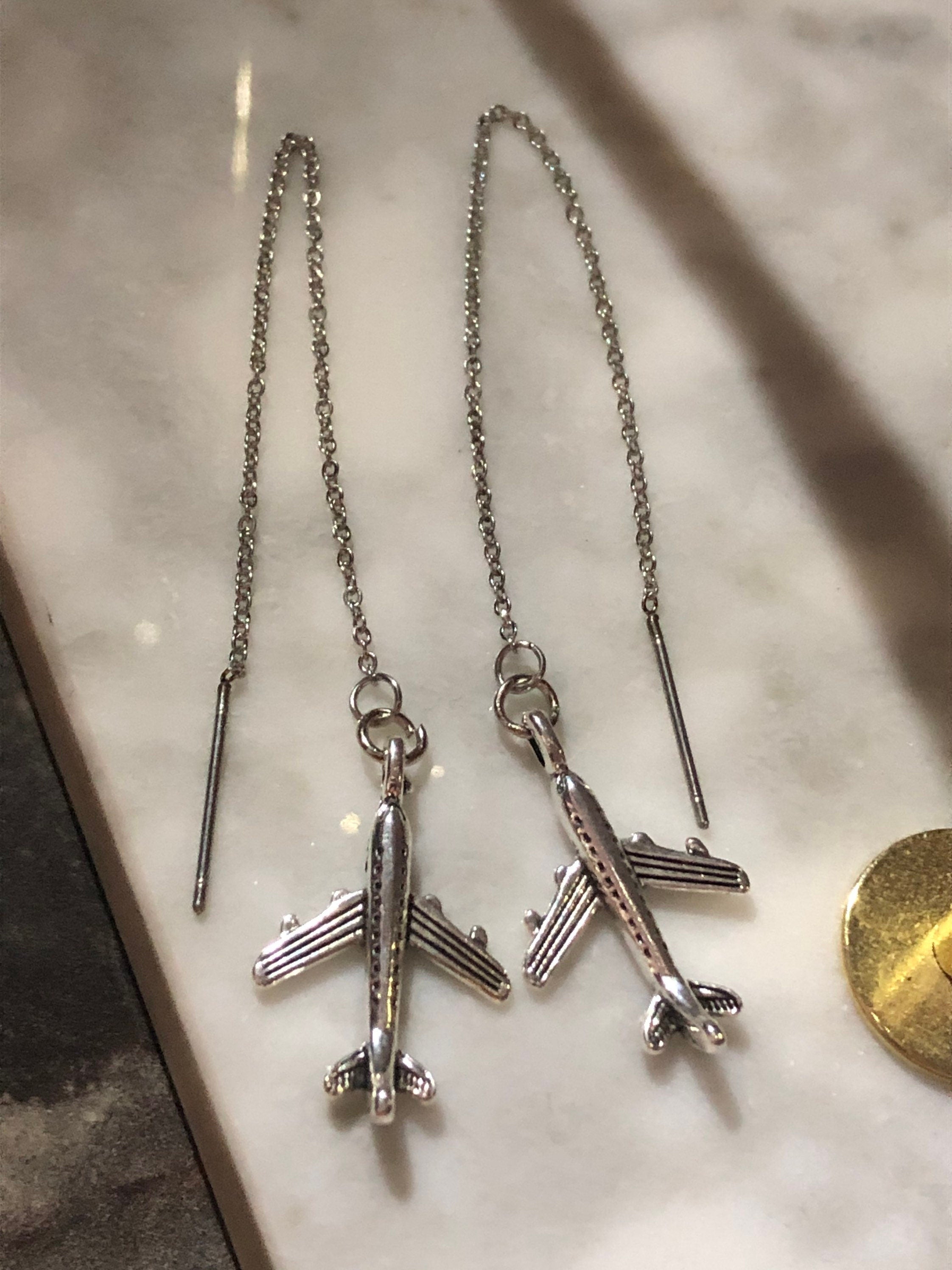 Silver tone aeroplane drop earrings pierced pull through stainless steel threader